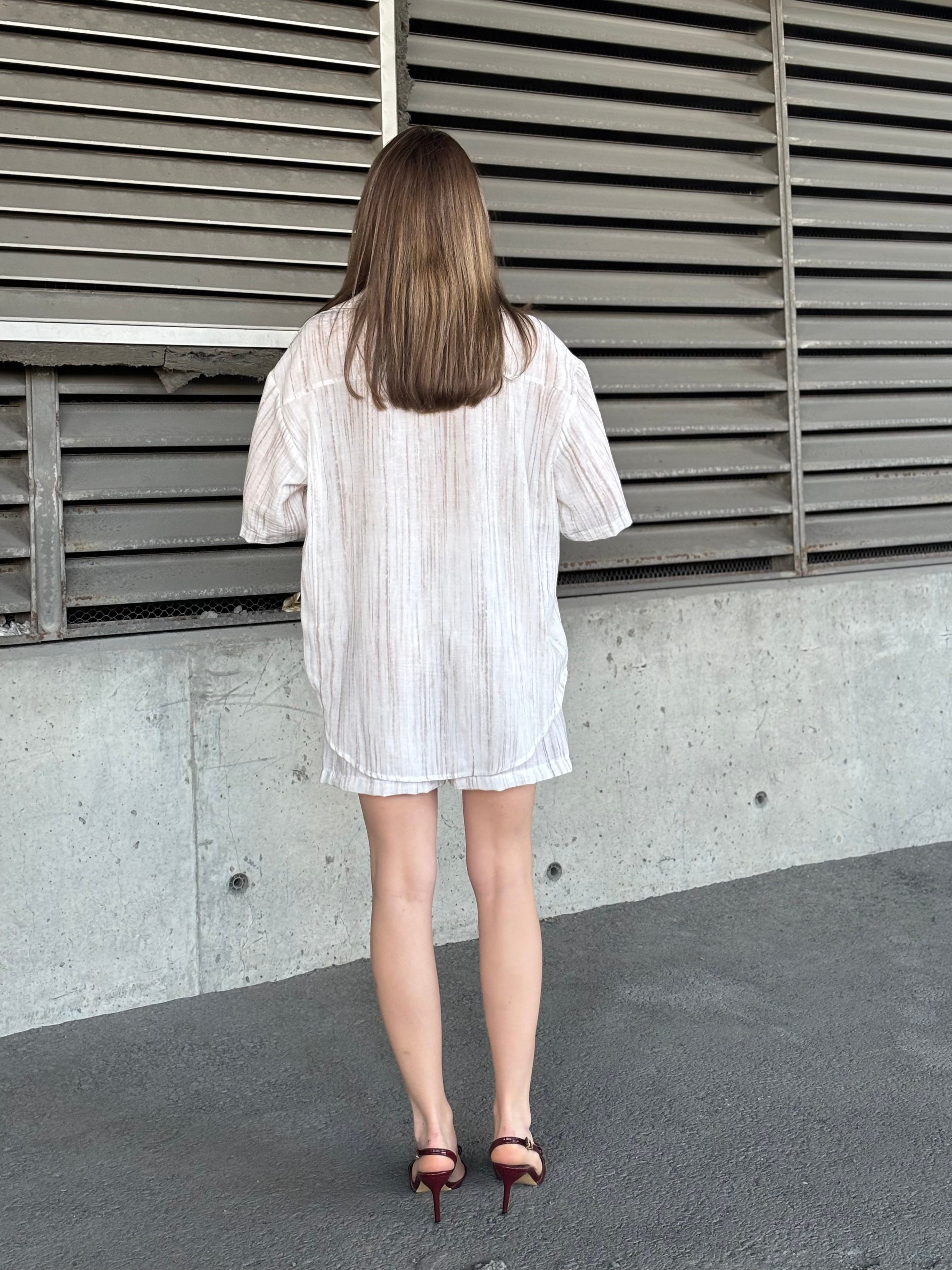 Keten Oversize Gömlek Ve Hasır Kuşaklı Şort Takım 70039