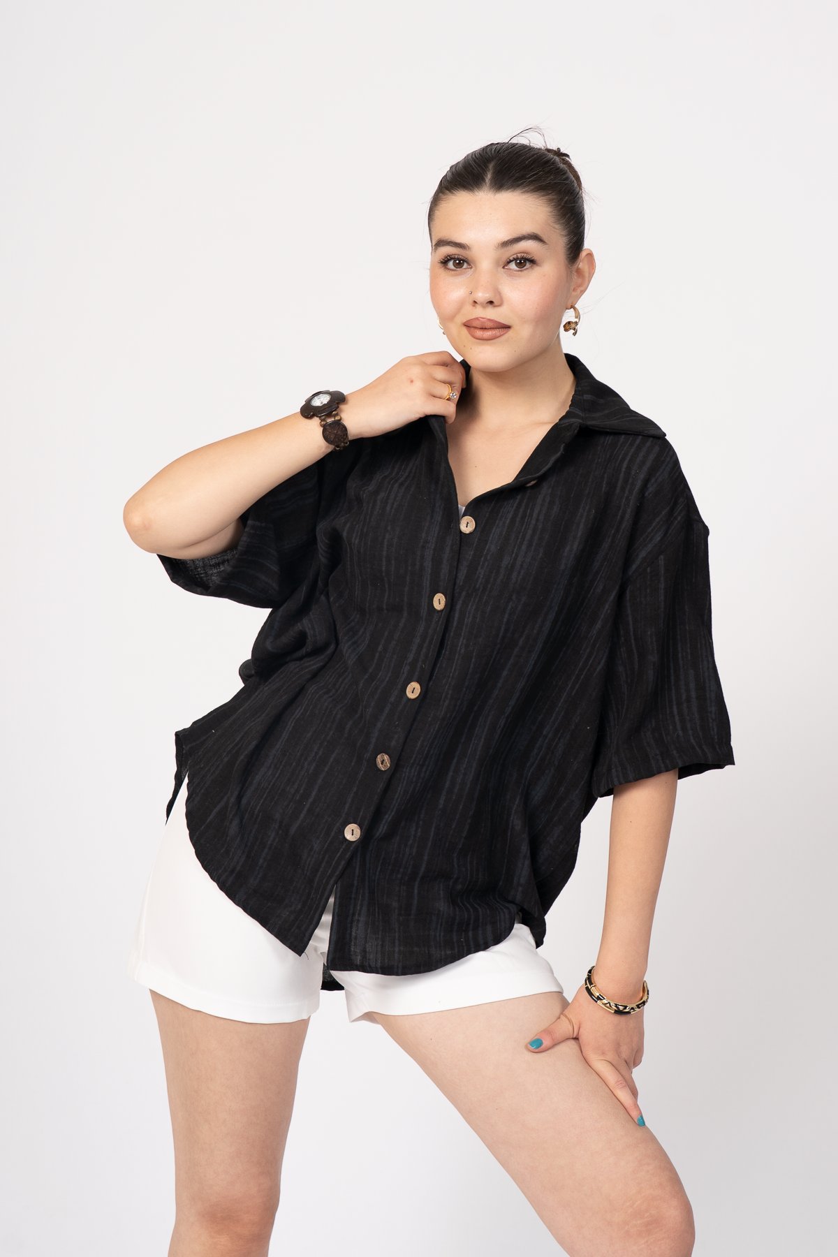 Keten Oversize Gömlek Ve Hasır Kuşaklı Şort Takım 70039