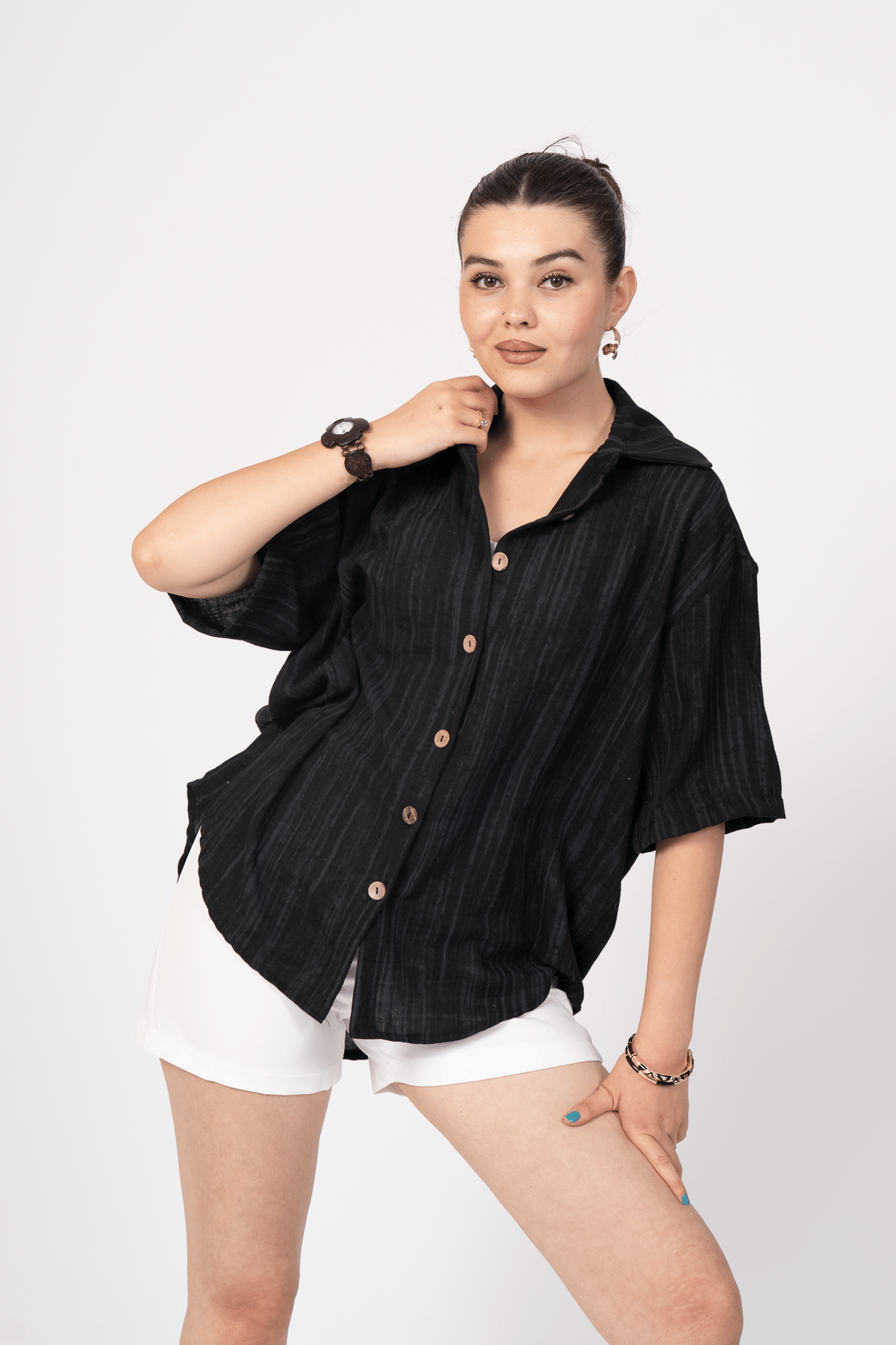 Keten Oversize Gömlek Ve Hasır Kuşaklı Şort Takım 70039