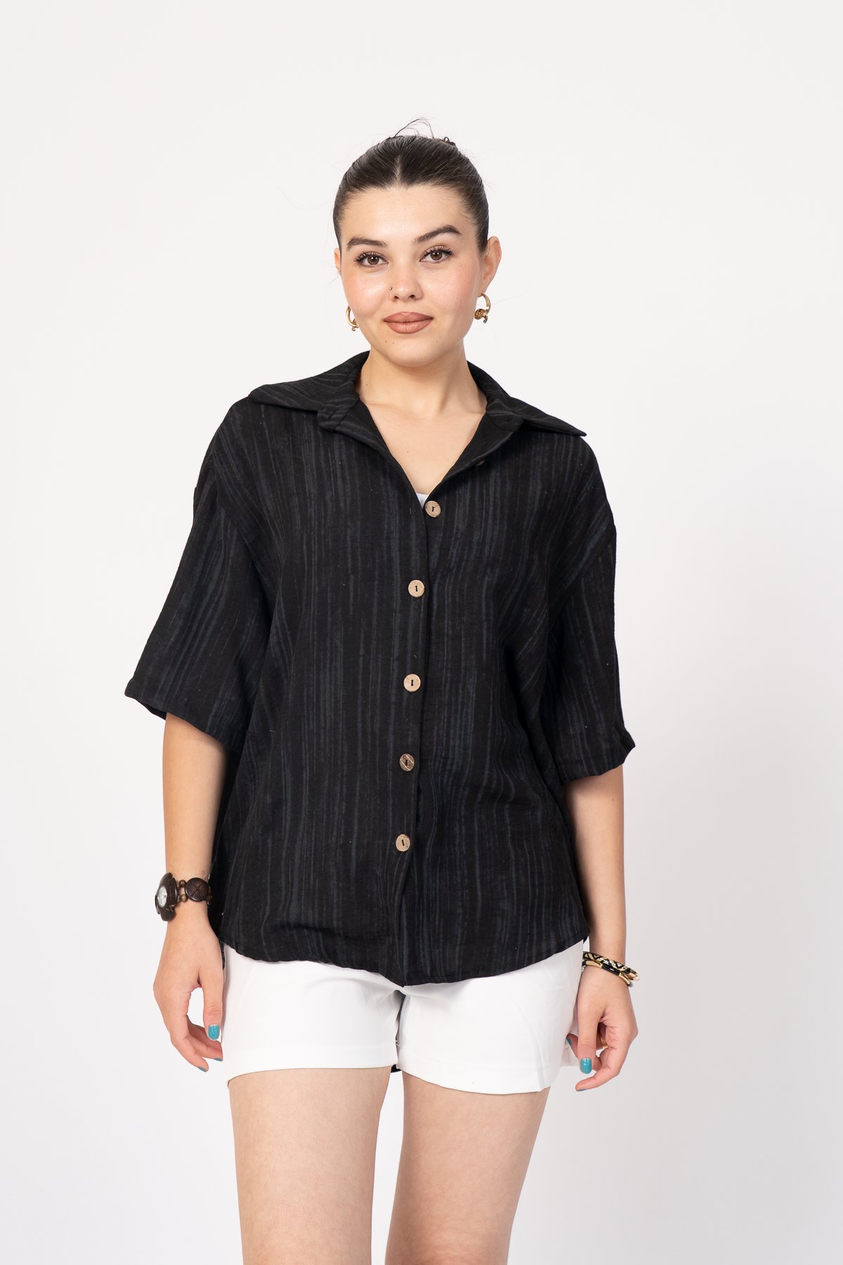 Keten Oversize Gömlek Ve Hasır Kuşaklı Şort Takım 70039