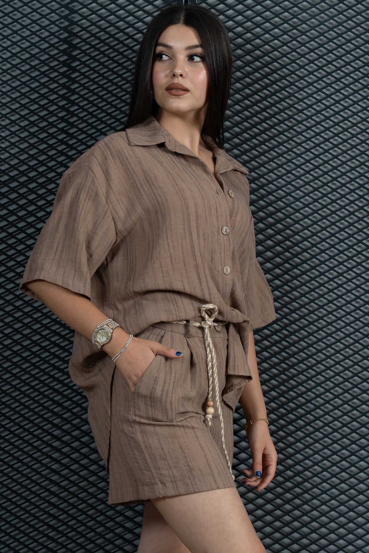 Keten Oversize Gömlek Ve Hasır Kuşaklı Şort Takım 70039