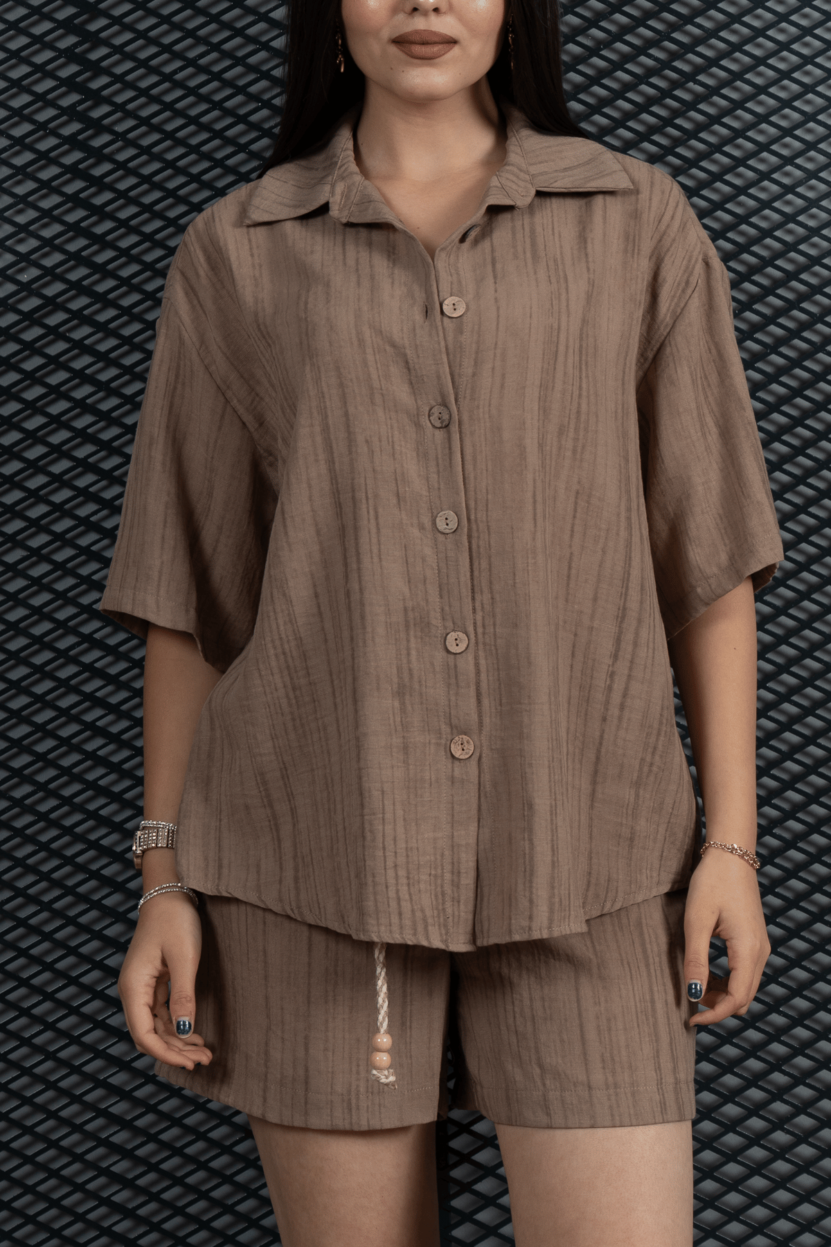 Keten Oversize Gömlek Ve Hasır Kuşaklı Şort Takım 70039