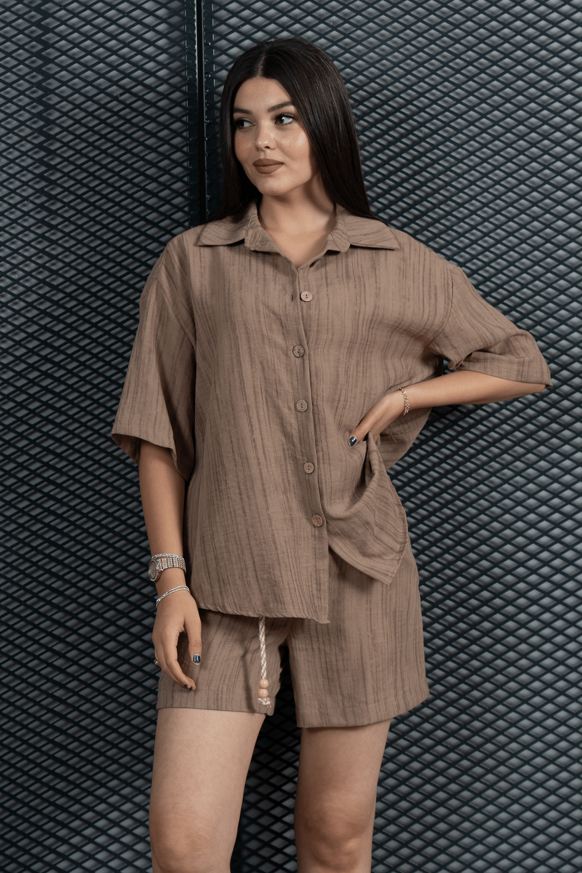 Keten Oversize Gömlek Ve Hasır Kuşaklı Şort Takım 70039