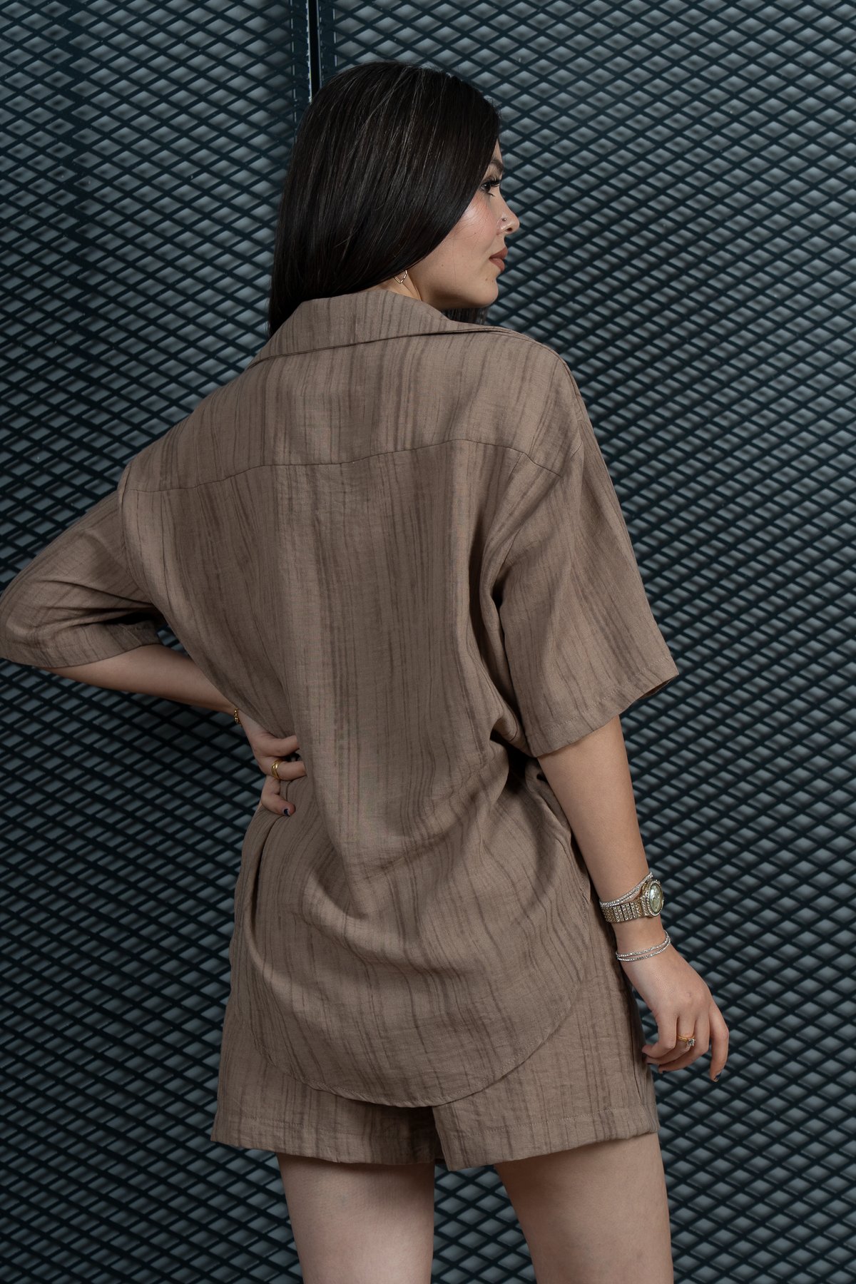 Keten Oversize Gömlek Ve Hasır Kuşaklı Şort Takım 70039