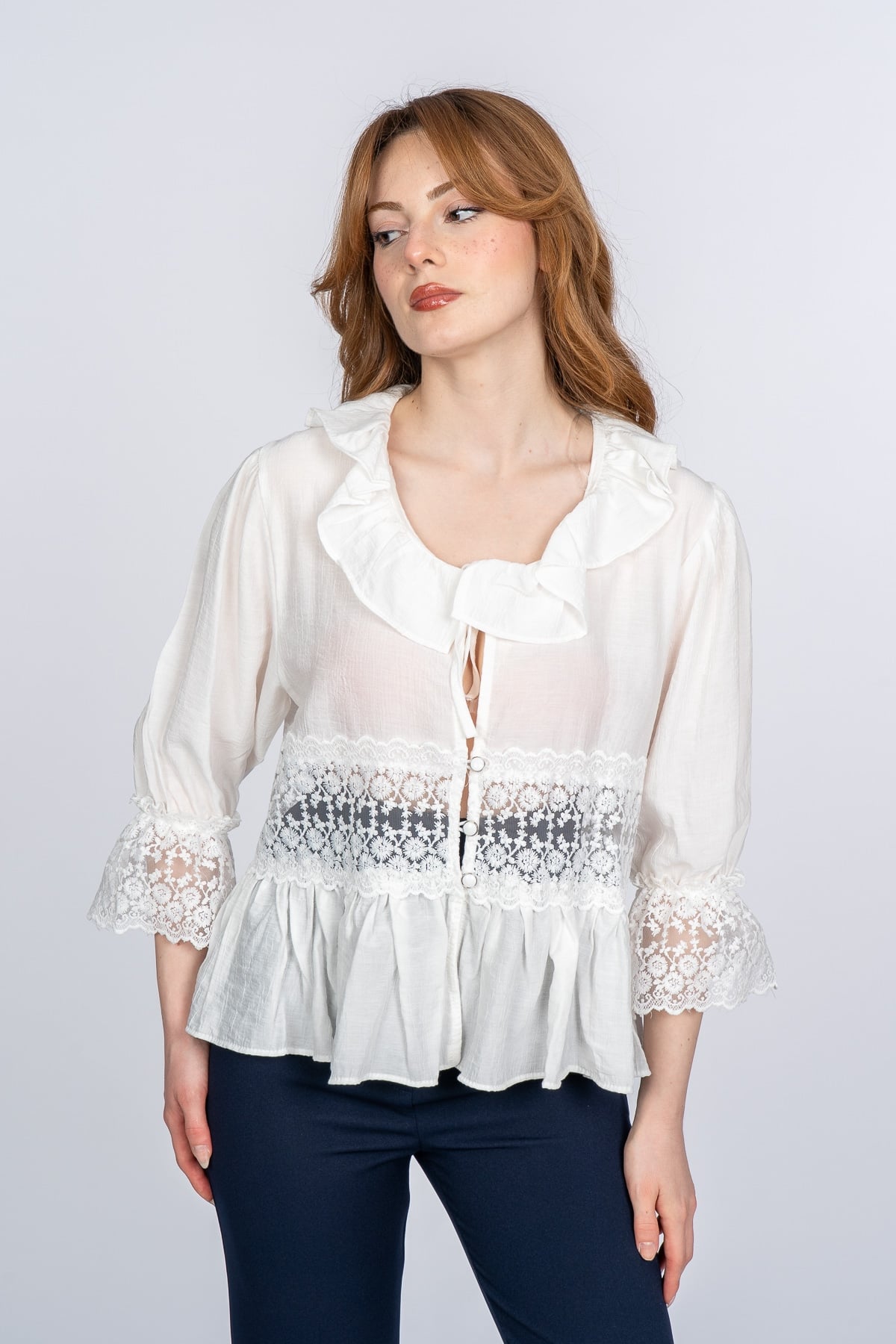 Lace Yaka Fırfır ve Bel Tül Dantel Detaylı Kadın Bluz Gömlek