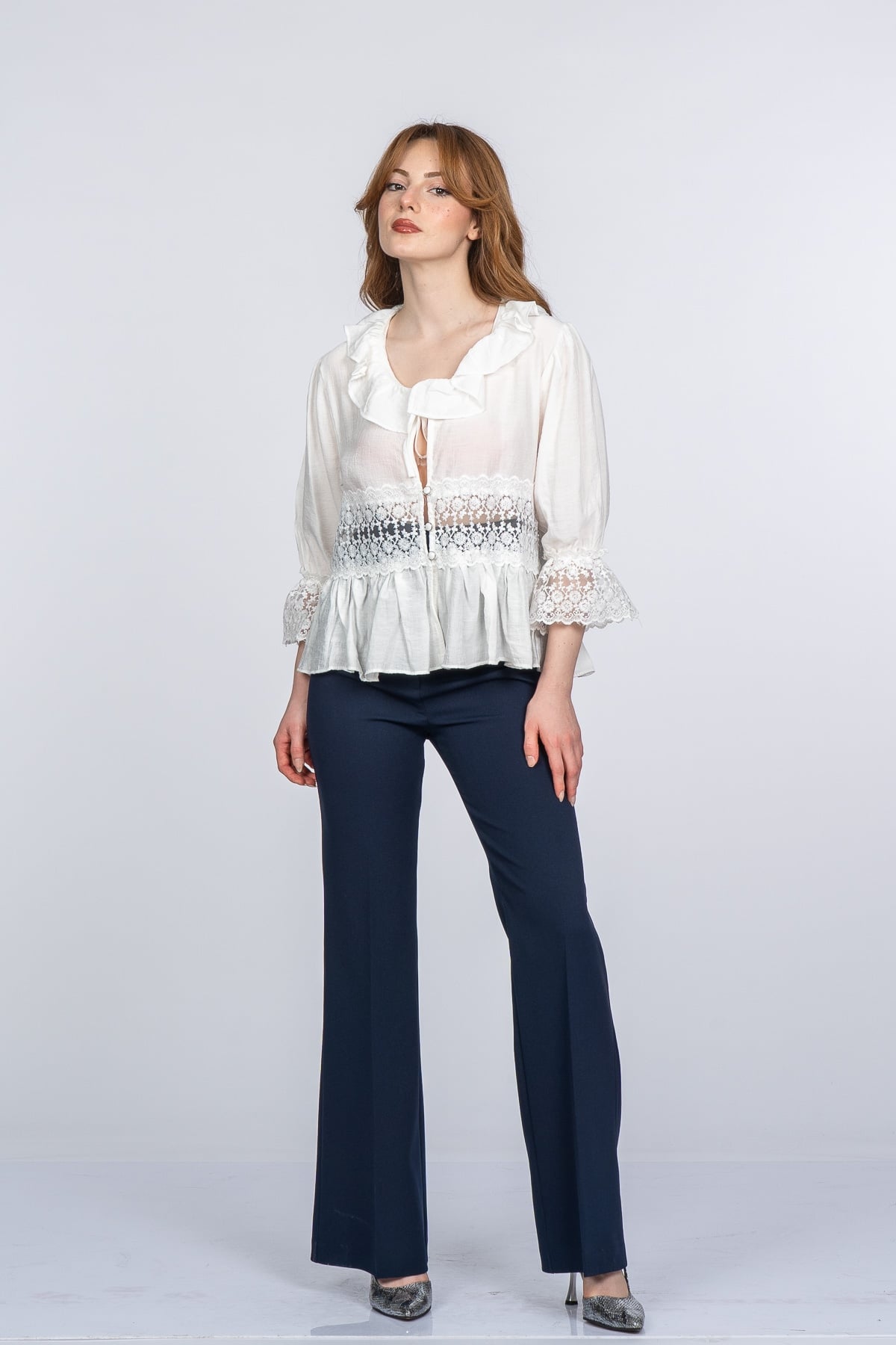 Lace Yaka Fırfır ve Bel Tül Dantel Detaylı Kadın Bluz Gömlek