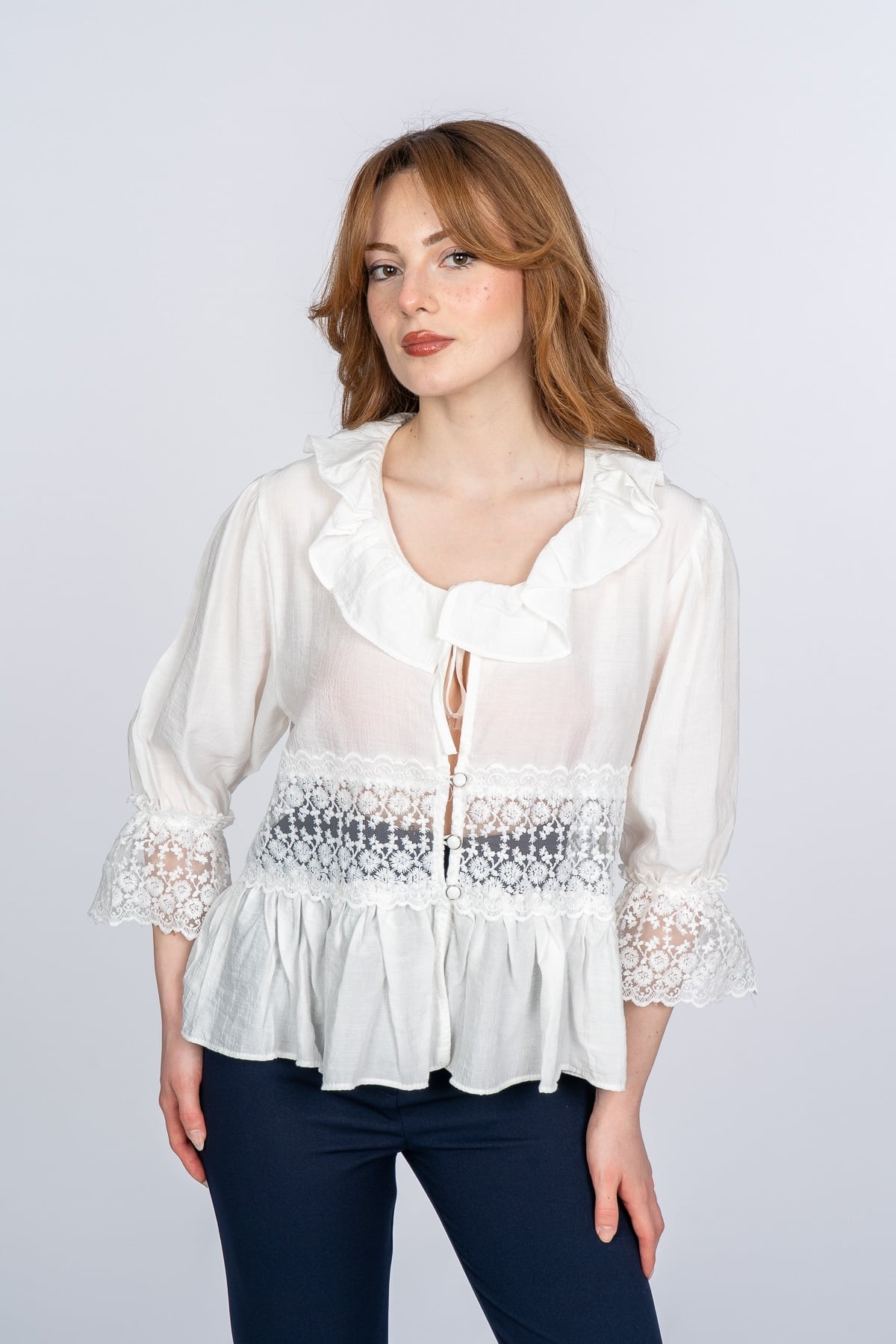 Lace Yaka Fırfır ve Bel Tül Dantel Detaylı Kadın Bluz Gömlek