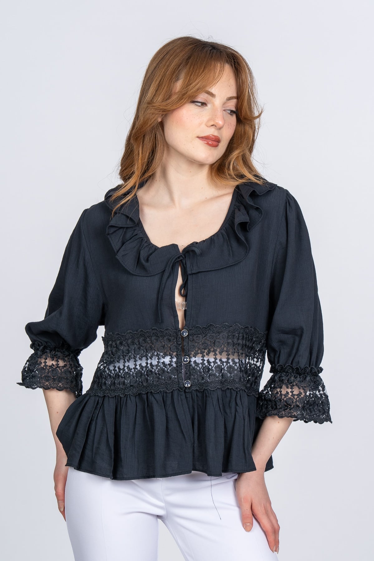 Lace Yaka Fırfır ve Bel Tül Dantel Detaylı Kadın Bluz Gömlek