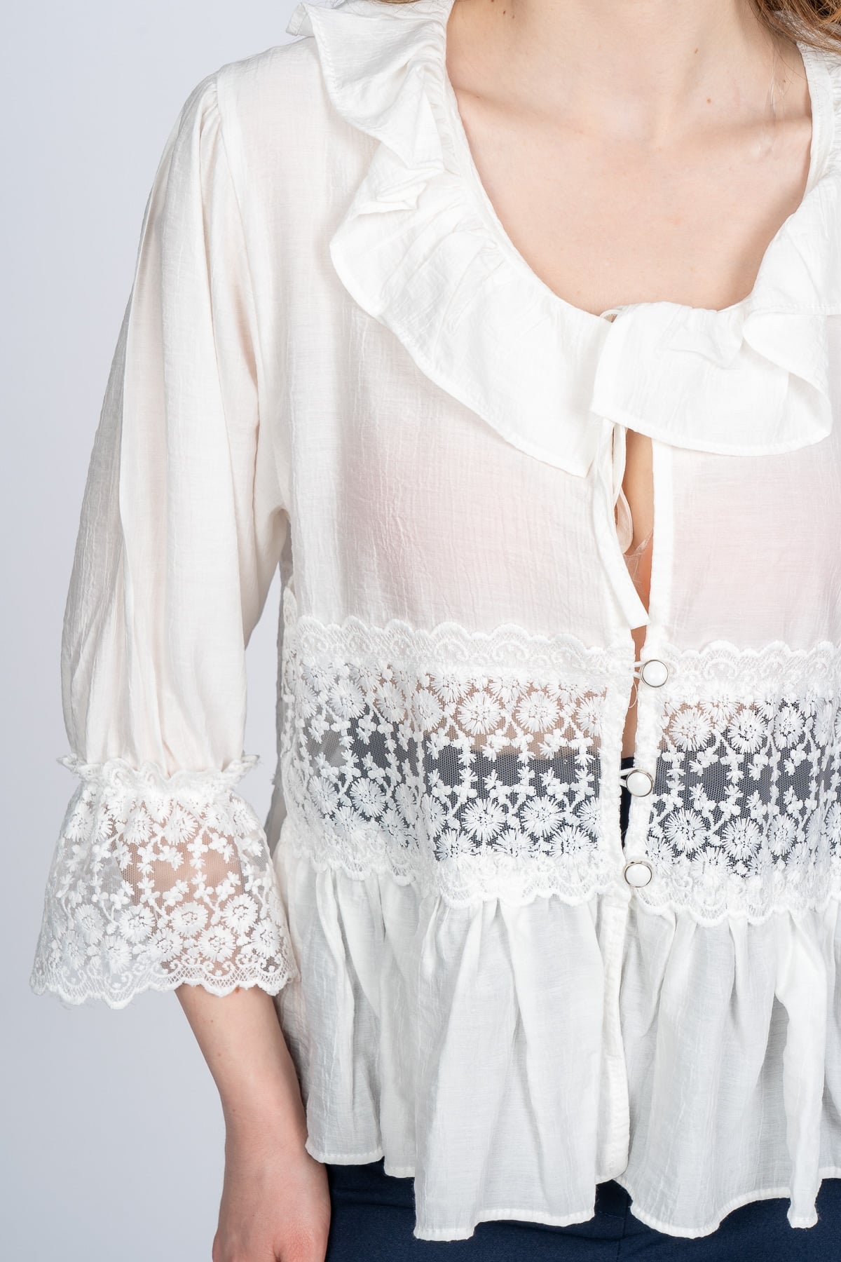 Lace Yaka Fırfır ve Bel Tül Dantel Detaylı Kadın Bluz Gömlek