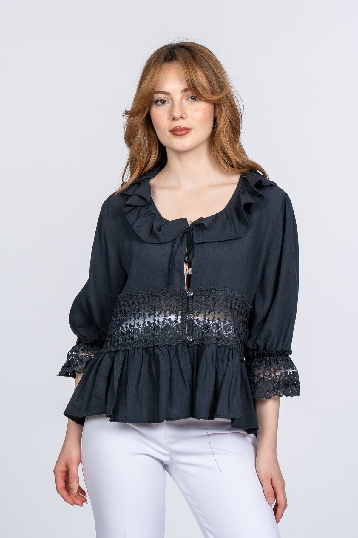 Lace Yaka Fırfır ve Bel Tül Dantel Detaylı Kadın Bluz Gömlek