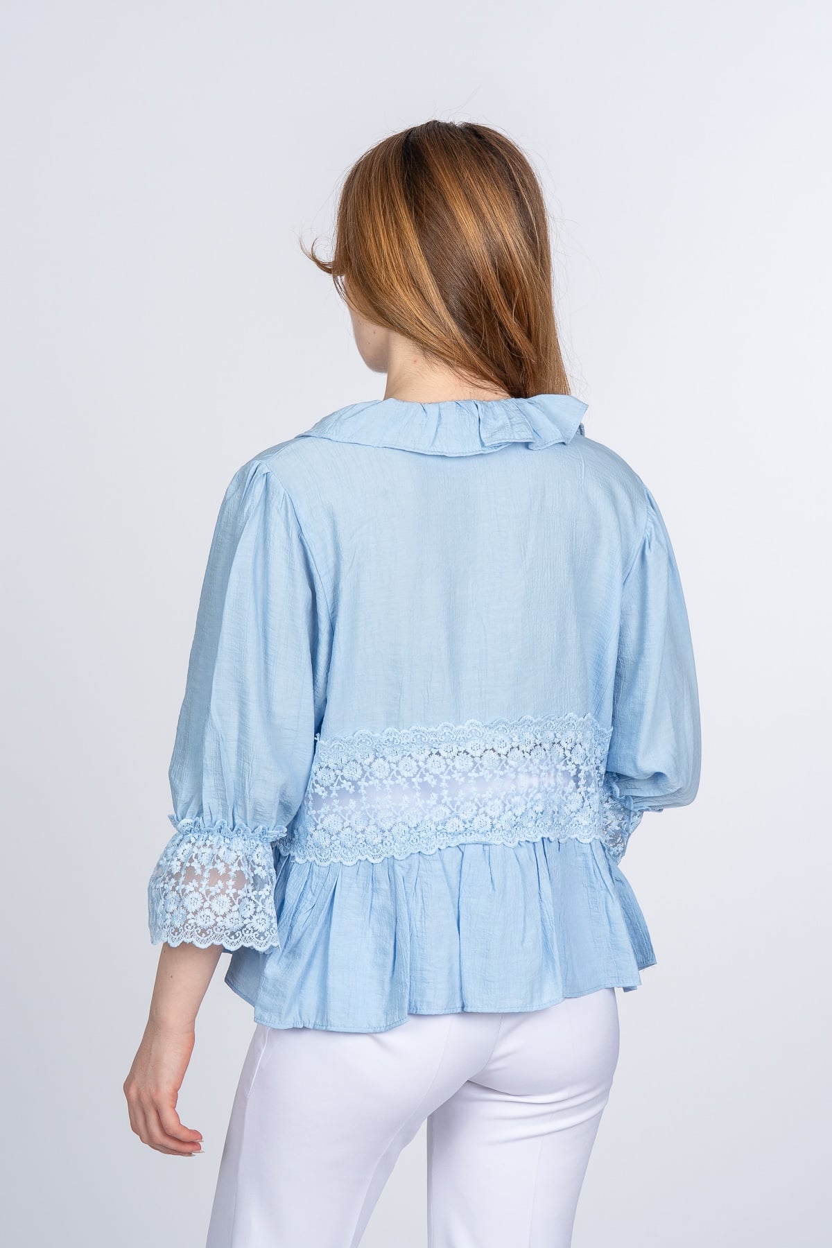 Lace Yaka Fırfır ve Bel Tül Dantel Detaylı Kadın Bluz Gömlek