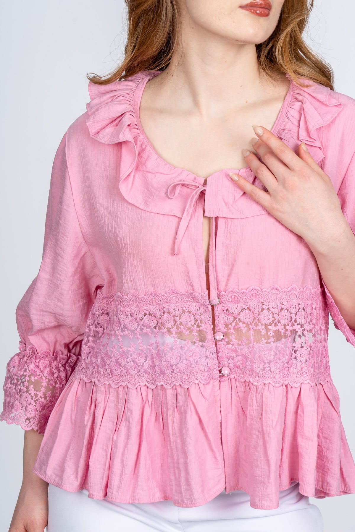 Lace Yaka Fırfır ve Bel Tül Dantel Detaylı Kadın Bluz Gömlek