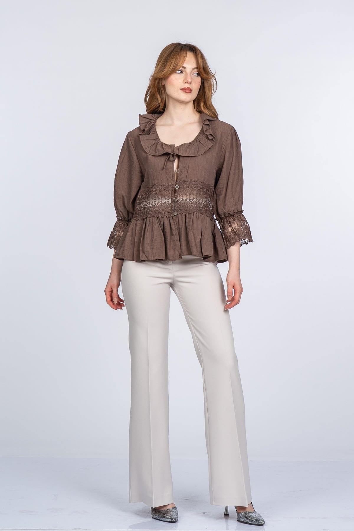 Lace Yaka Fırfır ve Bel Tül Dantel Detaylı Kadın Bluz Gömlek