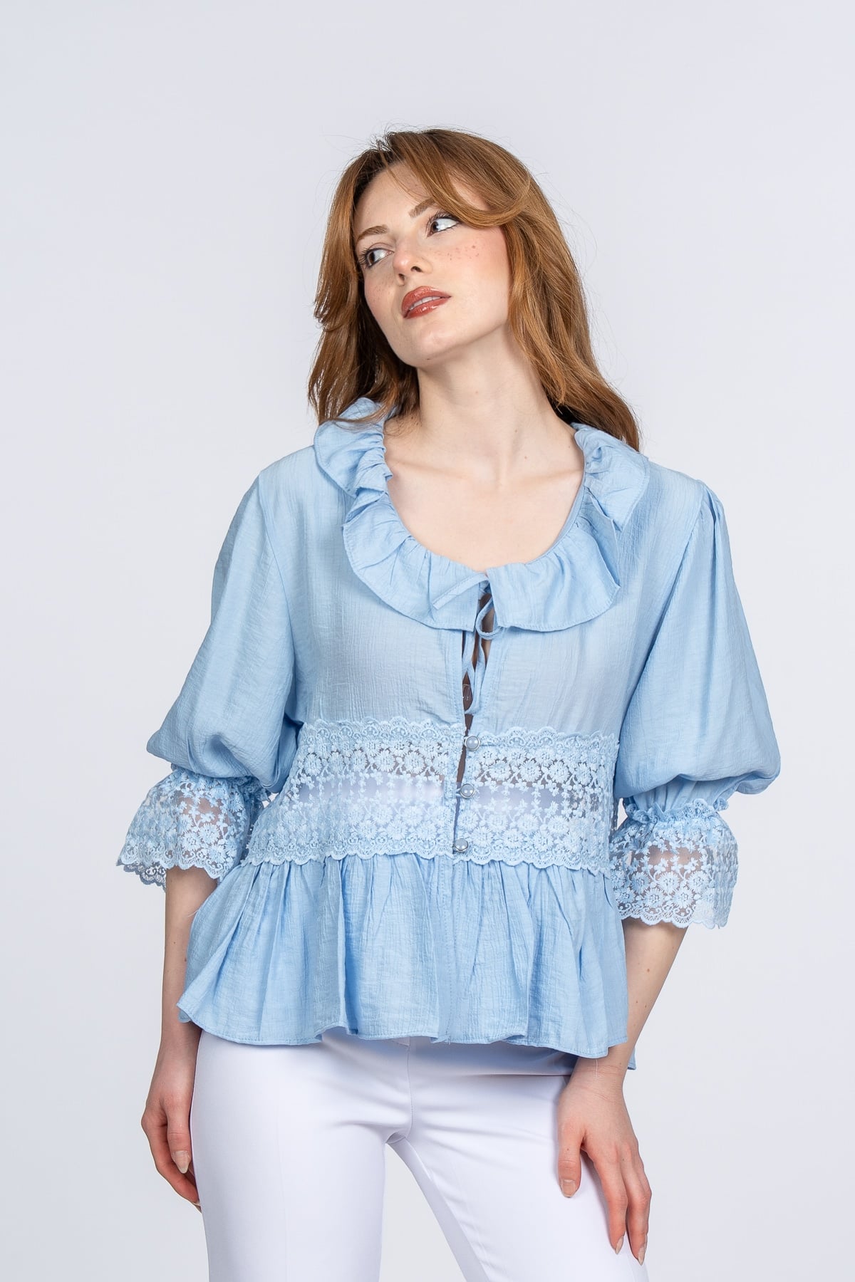 Lace Yaka Fırfır ve Bel Tül Dantel Detaylı Kadın Bluz Gömlek