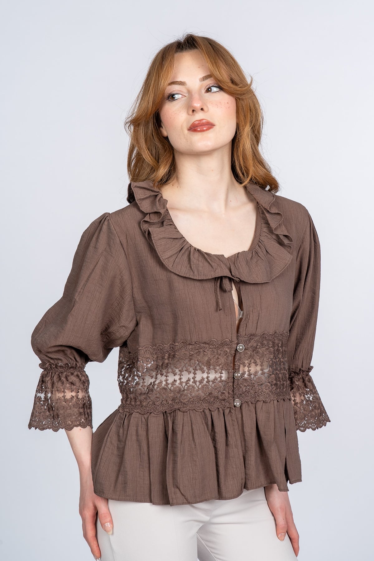 Lace Yaka Fırfır ve Bel Tül Dantel Detaylı Kadın Bluz Gömlek