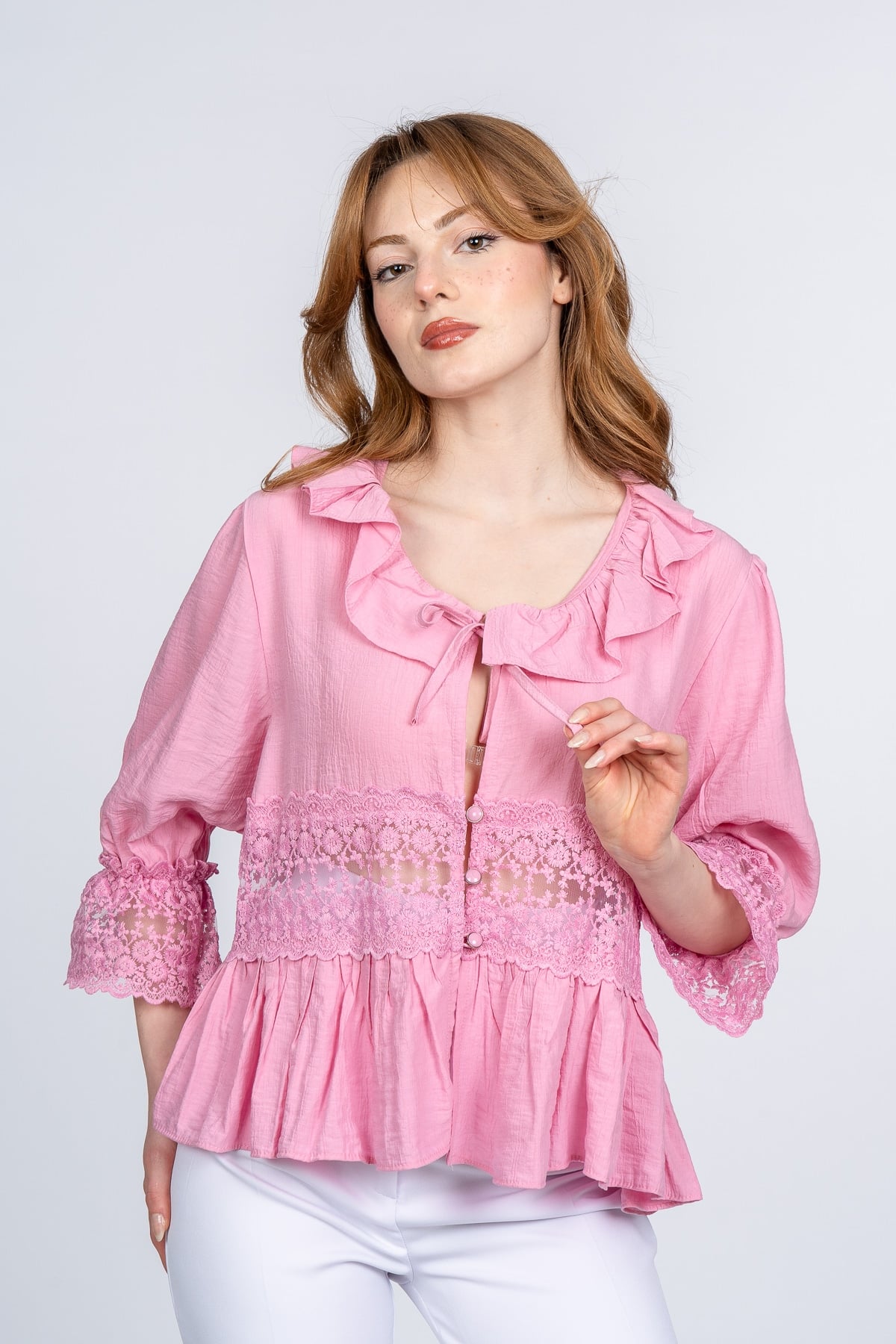 Lace Yaka Fırfır ve Bel Tül Dantel Detaylı Kadın Bluz Gömlek