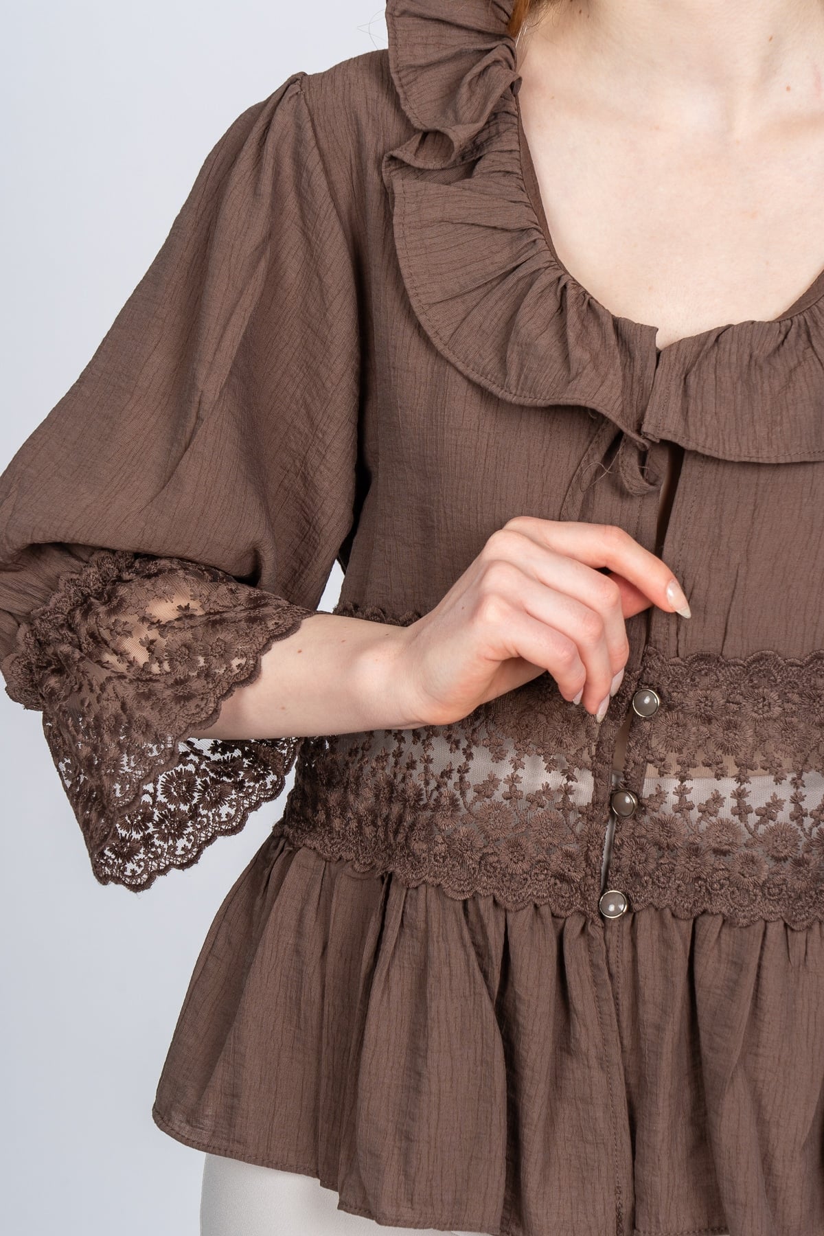 Lace Yaka Fırfır ve Bel Tül Dantel Detaylı Kadın Bluz Gömlek