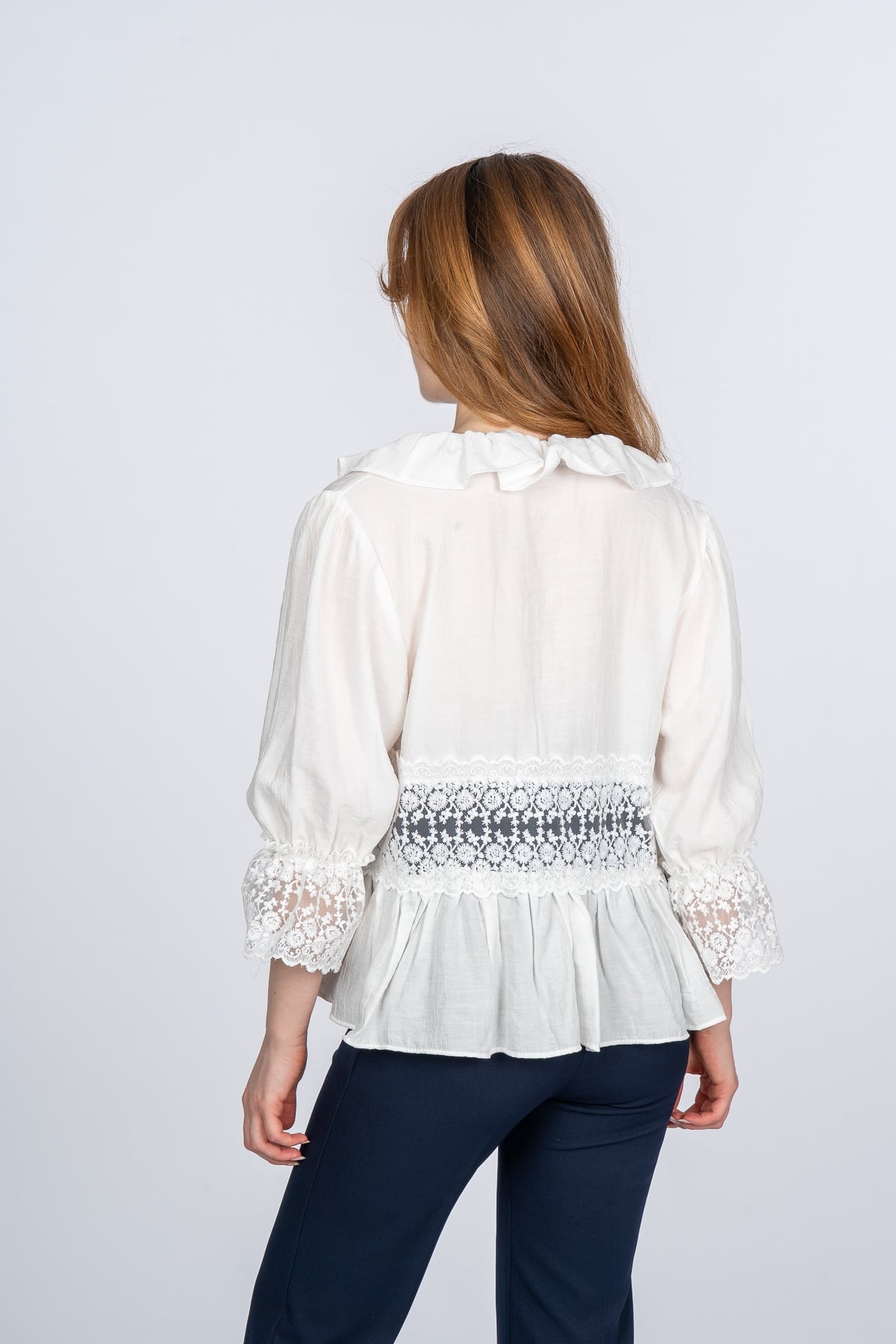 Lace Yaka Fırfır ve Bel Tül Dantel Detaylı Kadın Bluz Gömlek