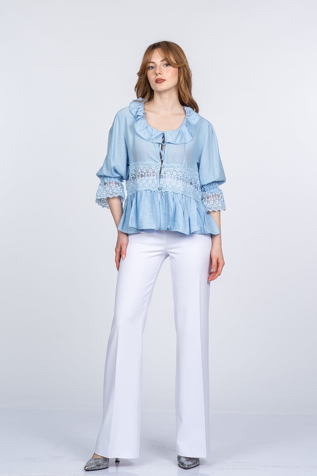 Lace Yaka Fırfır ve Bel Tül Dantel Detaylı Kadın Bluz Gömlek