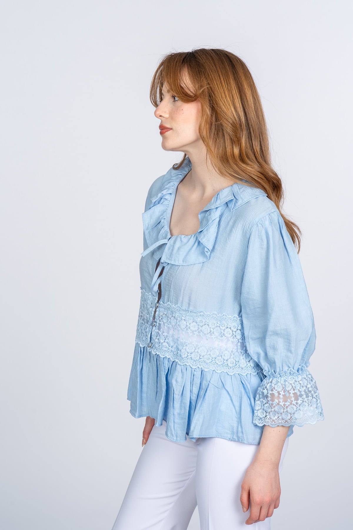 Lace Yaka Fırfır ve Bel Tül Dantel Detaylı Kadın Bluz Gömlek