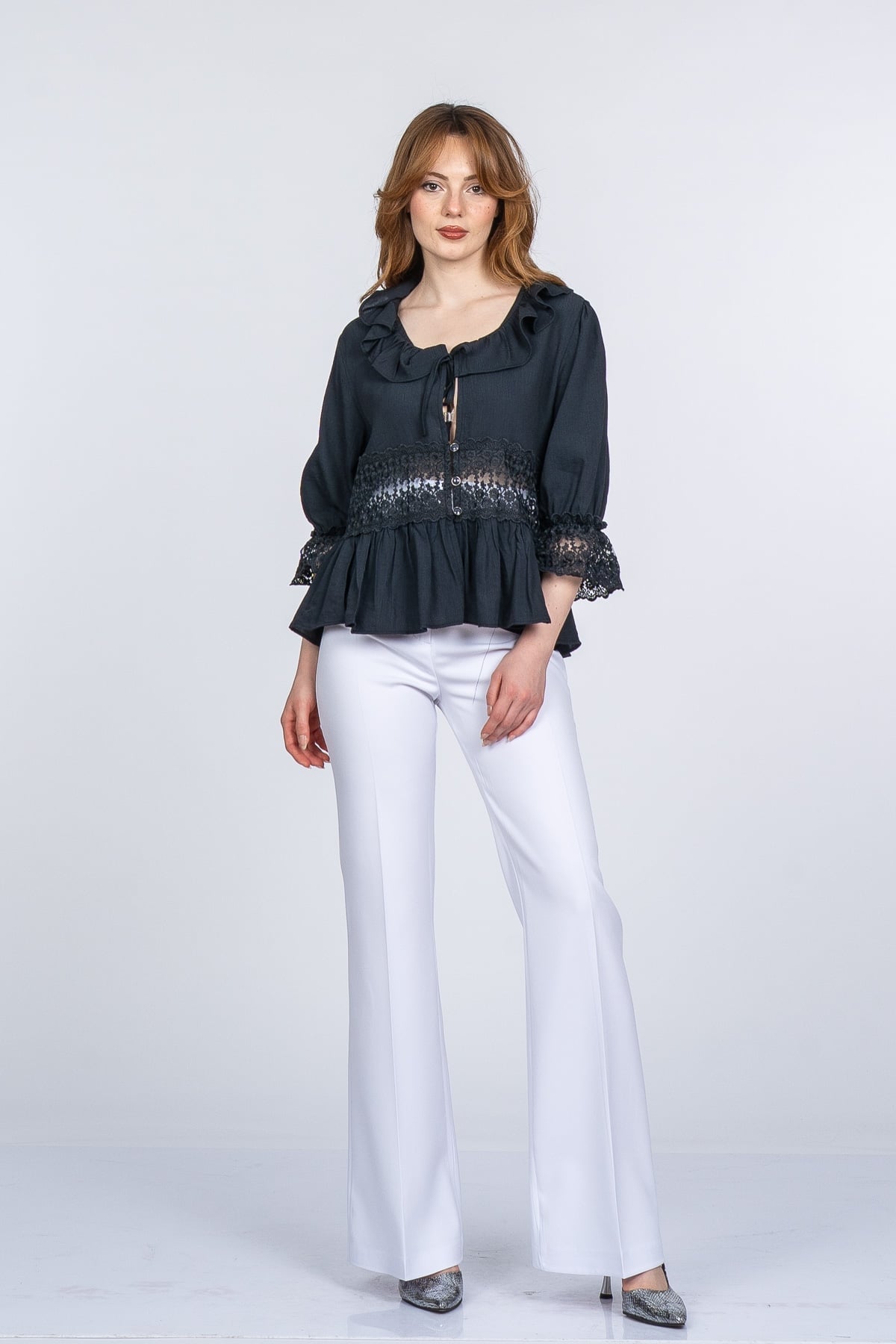Lace Yaka Fırfır ve Bel Tül Dantel Detaylı Kadın Bluz Gömlek