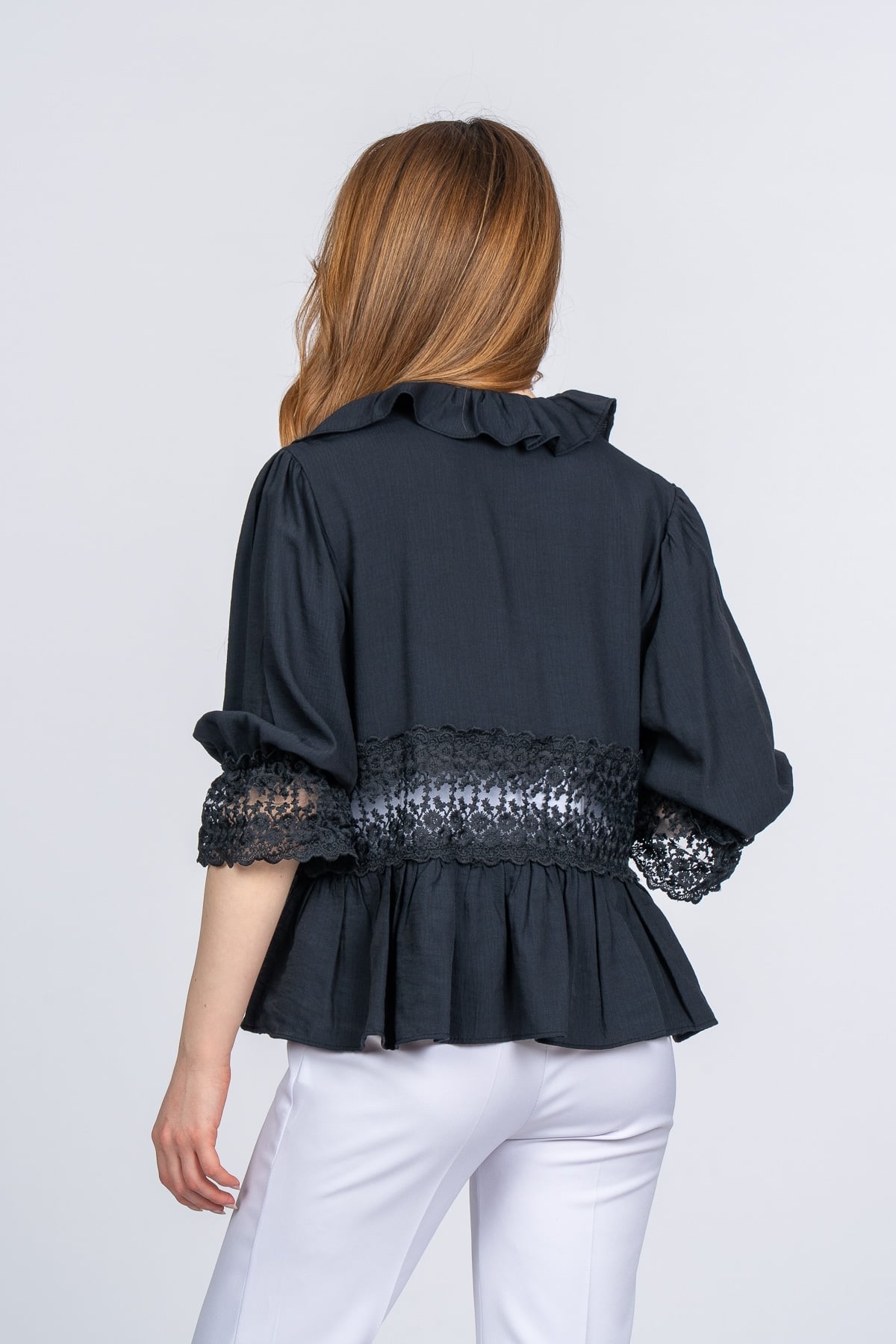 Lace Yaka Fırfır ve Bel Tül Dantel Detaylı Kadın Bluz Gömlek
