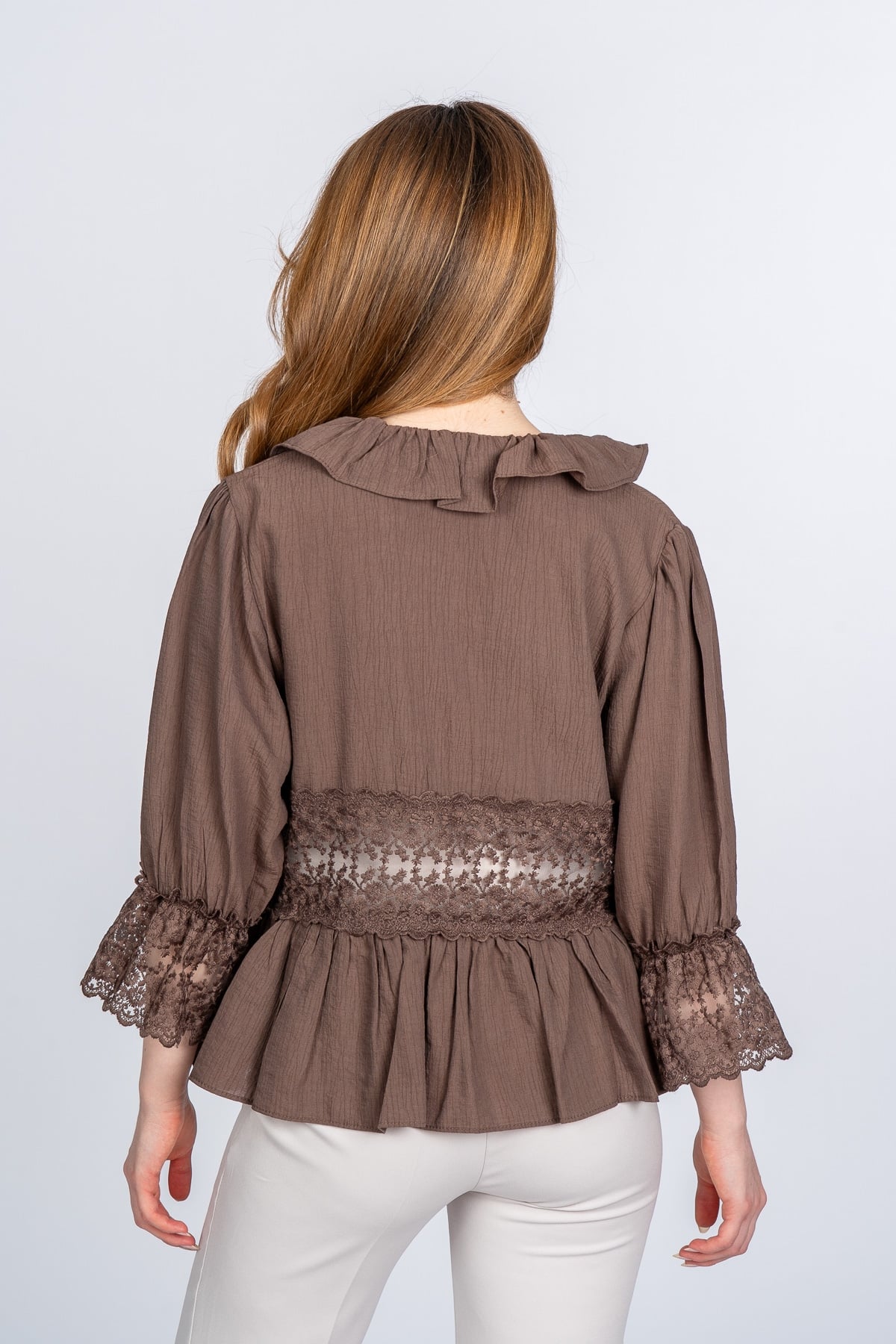 Lace Yaka Fırfır ve Bel Tül Dantel Detaylı Kadın Bluz Gömlek