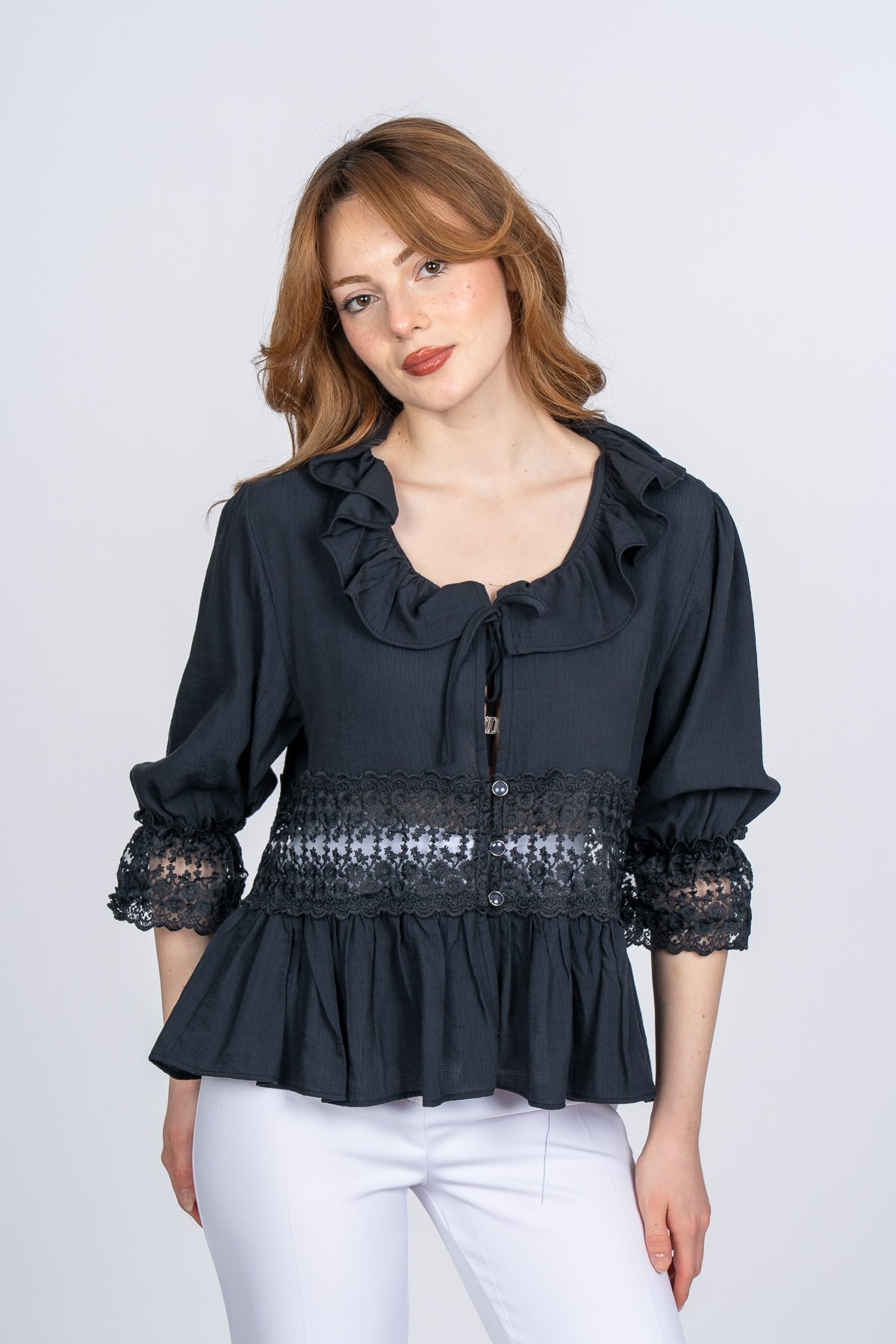 Lace Yaka Fırfır ve Bel Tül Dantel Detaylı Kadın Bluz Gömlek