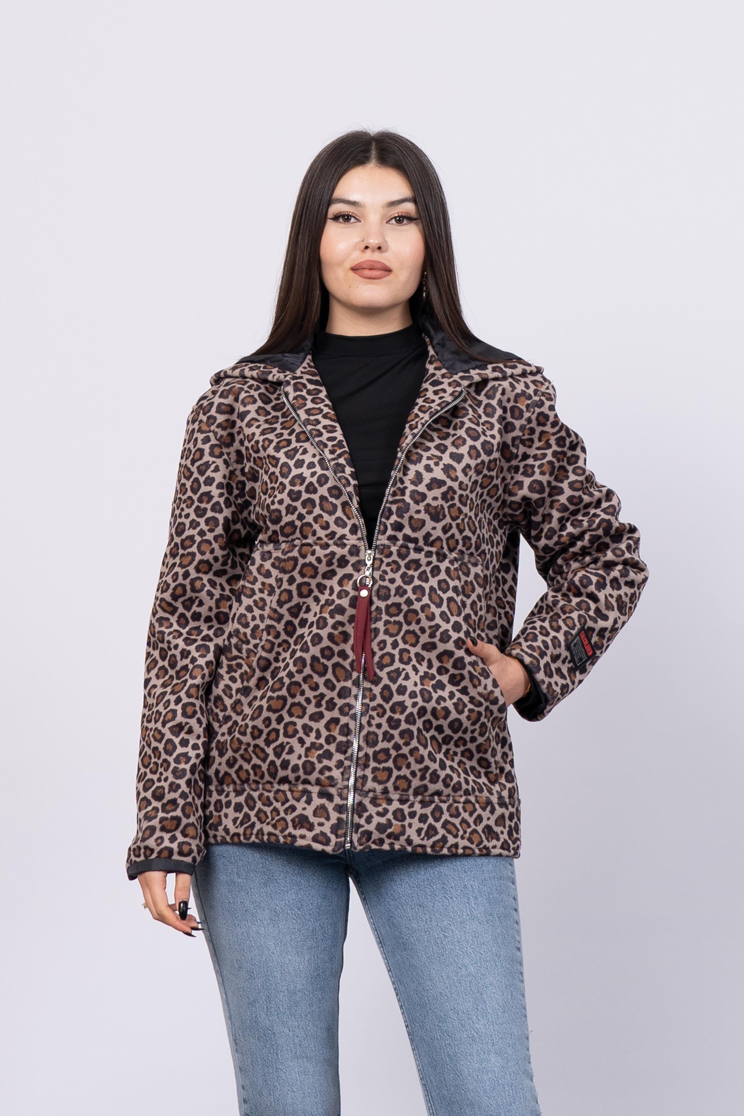 Leopar Kapüşonlu Kısa Kaban 2580
