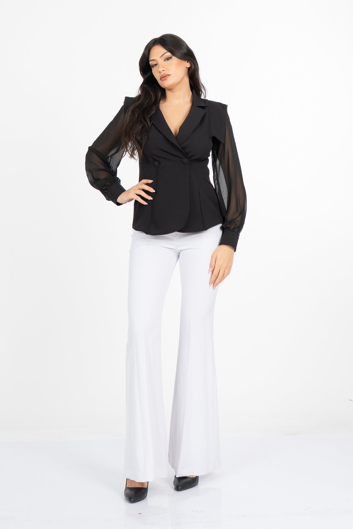 Luna Blouse - Kadın Ceket Yaka Tül Kollu Boncuk Detaylı Bluz 201