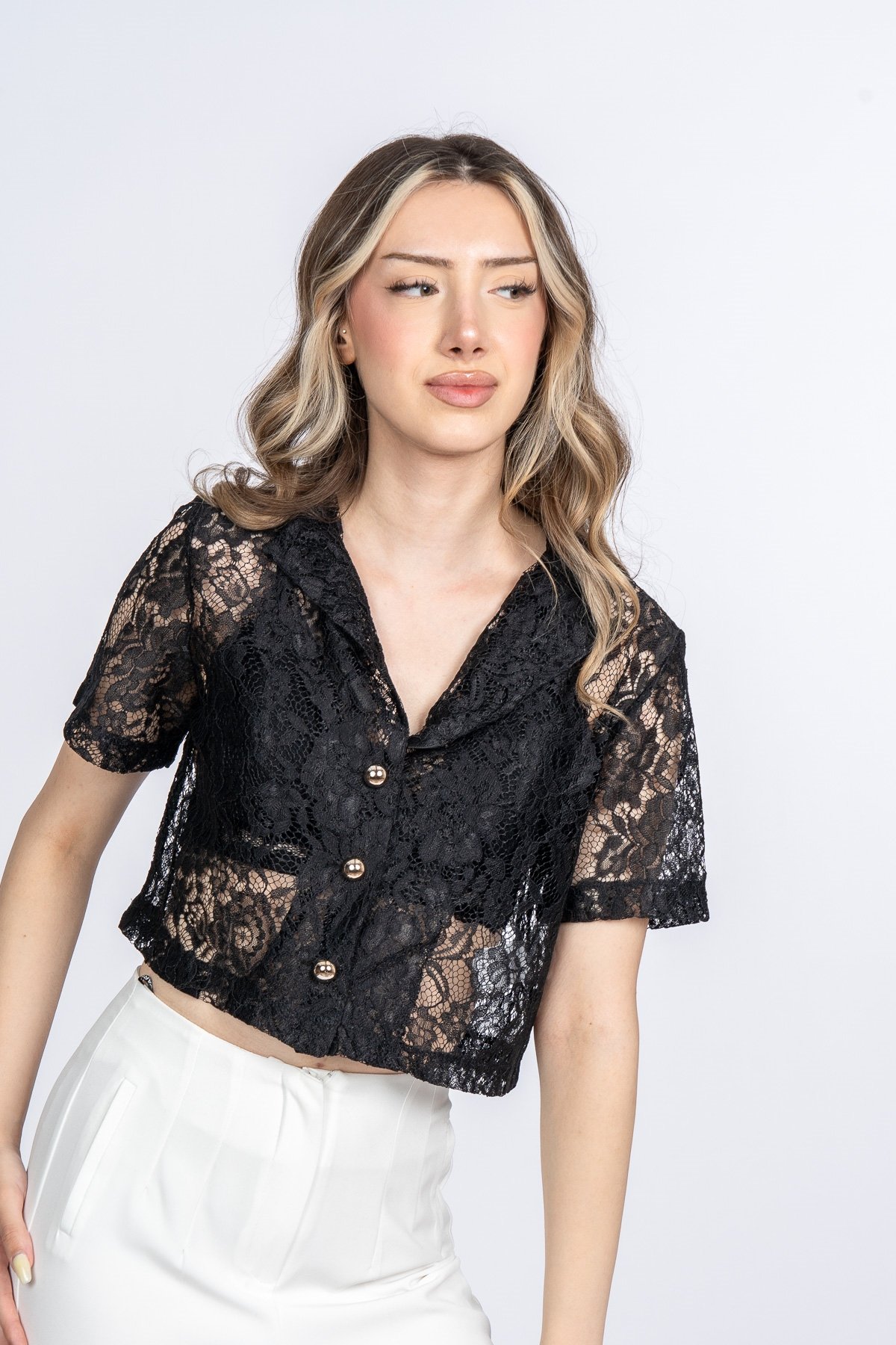 Maribelle Tül Dantel Ceket Yaka Bluz Gömlek 70081