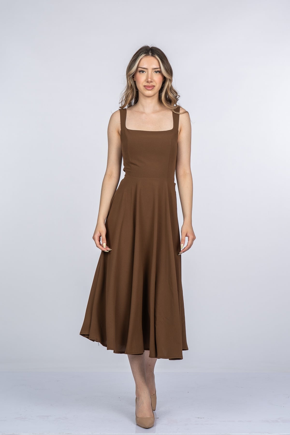 Mayra Premium Askılı Kare Yaka Uzun Midi Elbise 50411