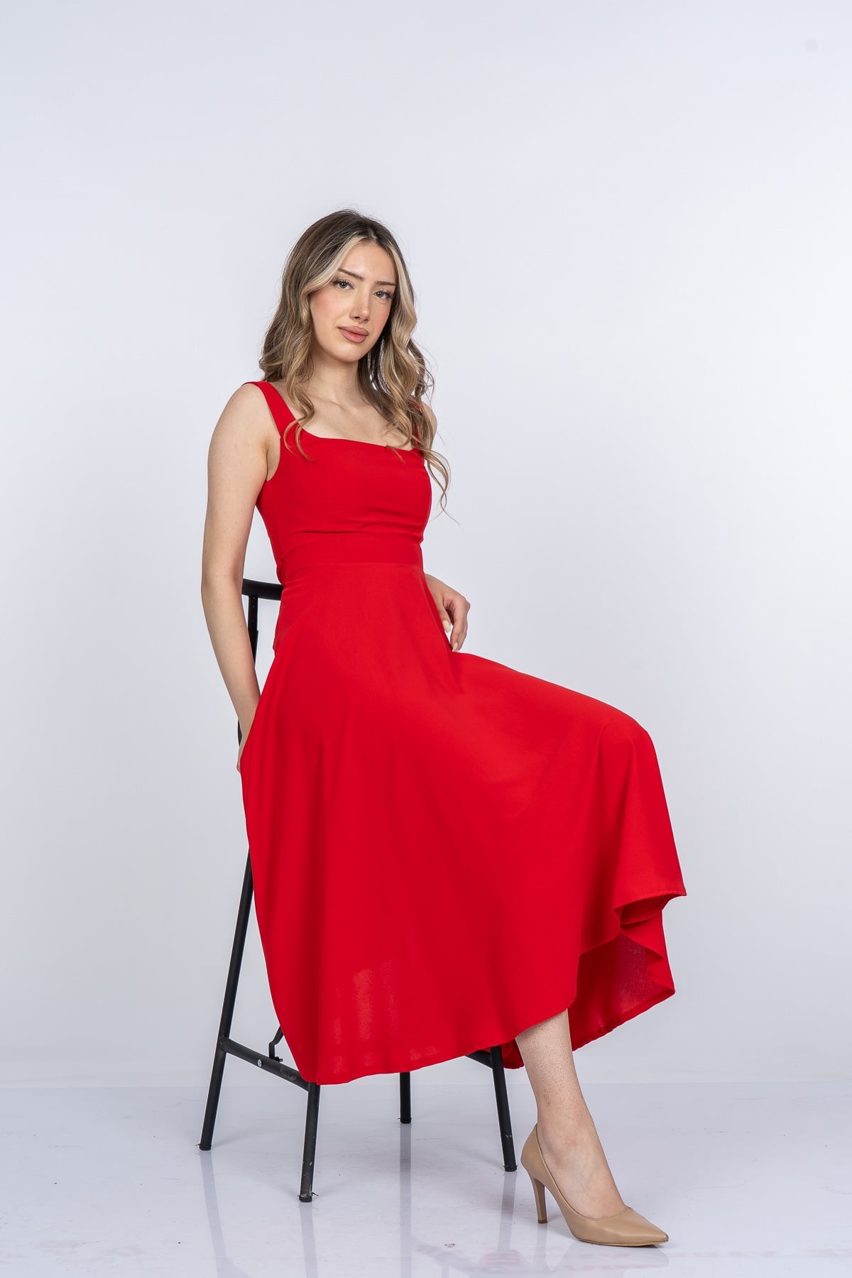 Mayra Premium Askılı Kare Yaka Uzun Midi Elbise 50411