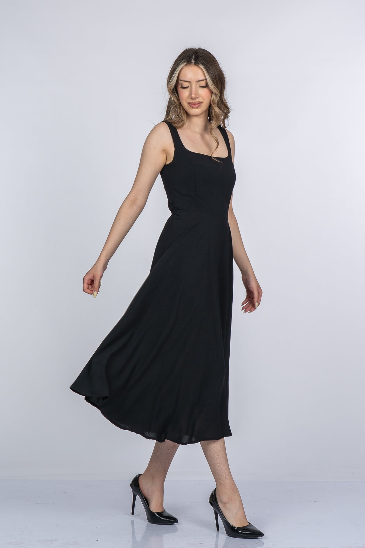 Mayra Premium Askılı Kare Yaka Uzun Midi Elbise 50411