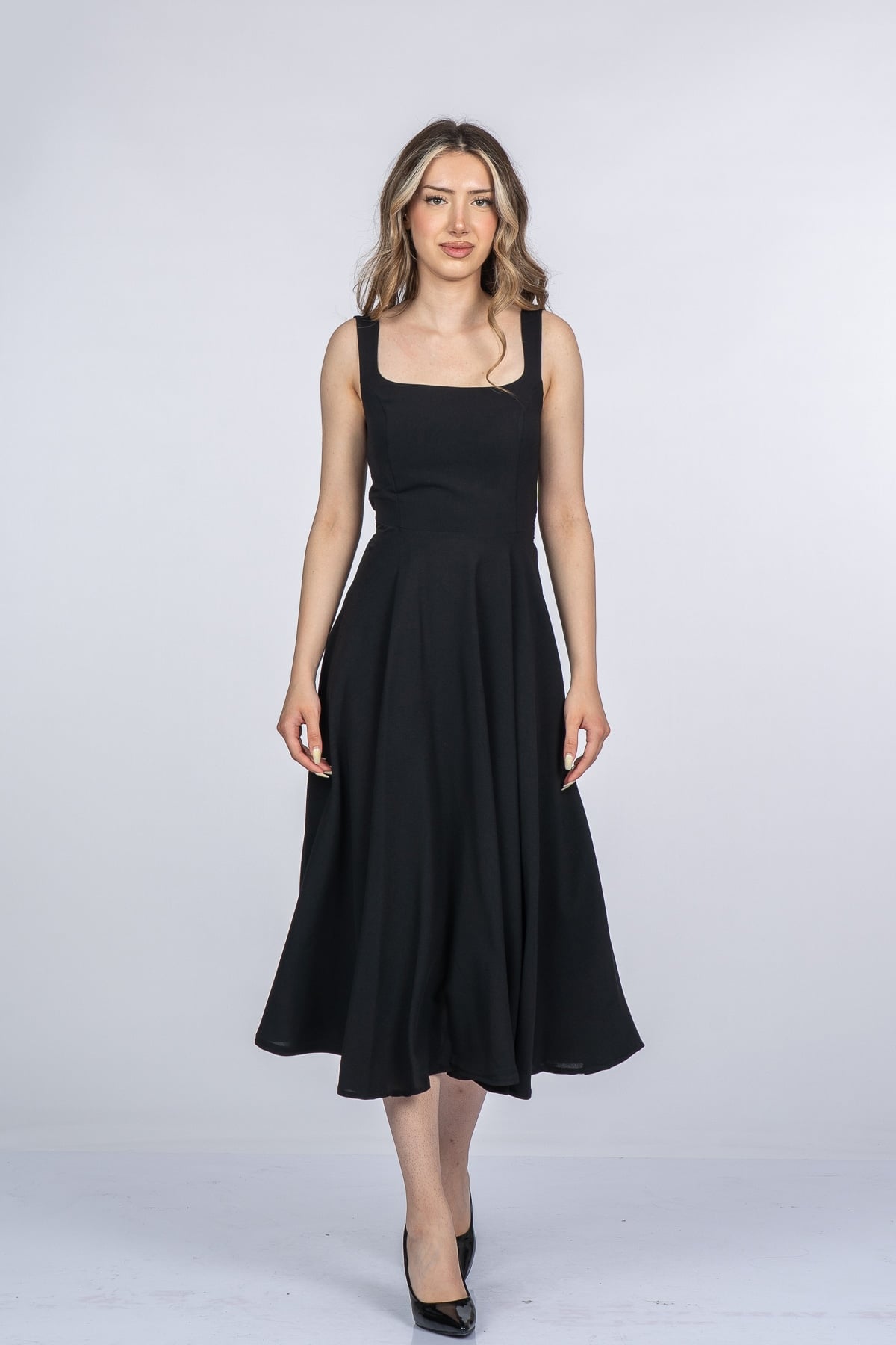 Mayra Premium Askılı Kare Yaka Uzun Midi Elbise 50411