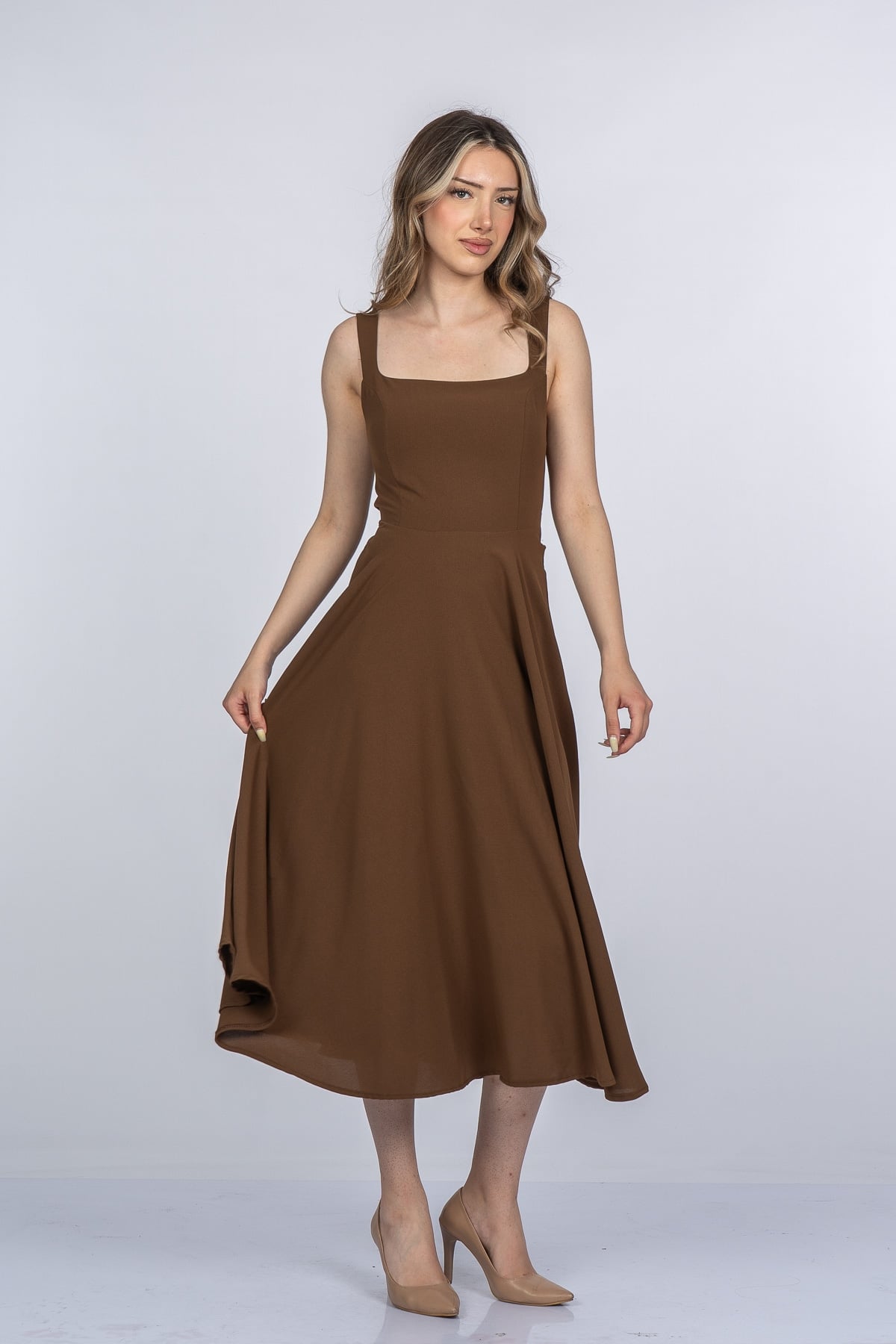 Mayra Premium Askılı Kare Yaka Uzun Midi Elbise 50411