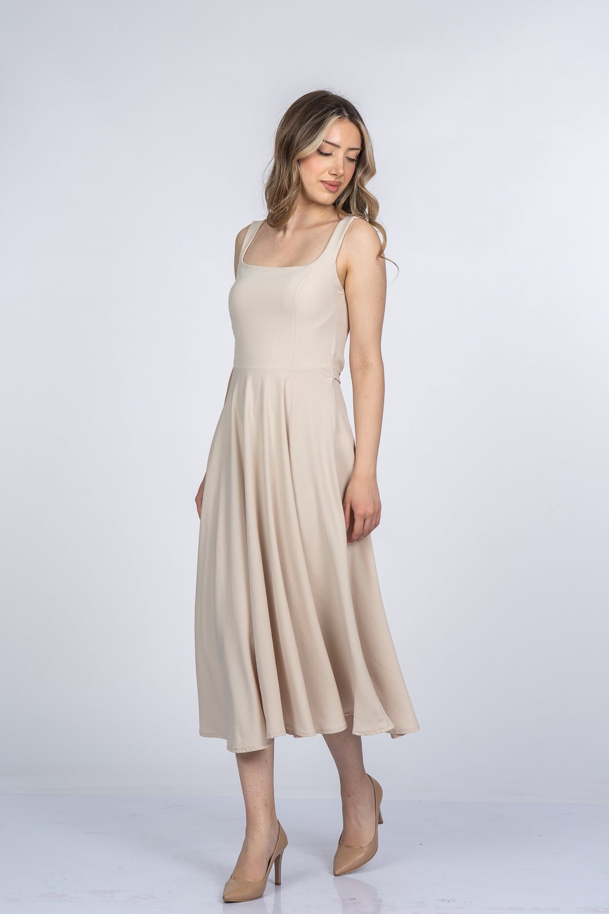 Mayra Premium Askılı Kare Yaka Uzun Midi Elbise 50411