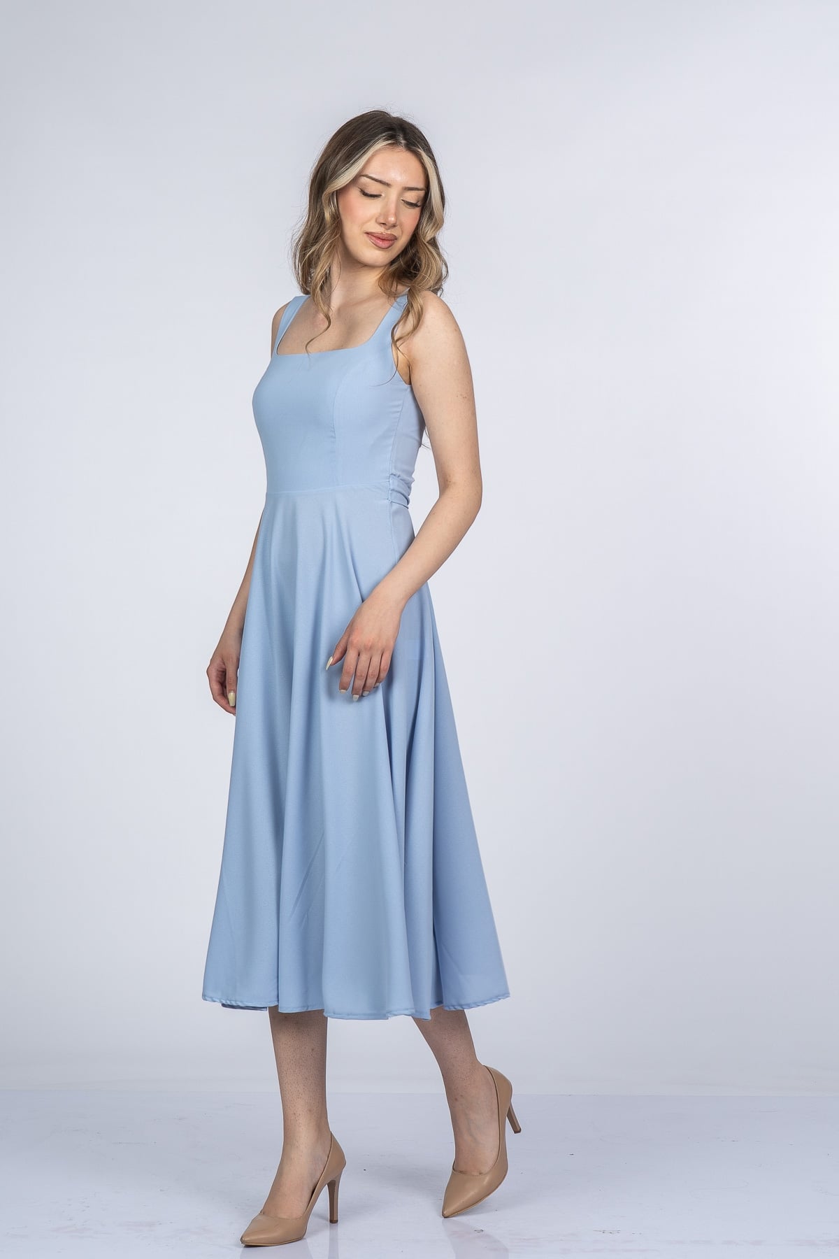 Mayra Premium Askılı Kare Yaka Uzun Midi Elbise 50411