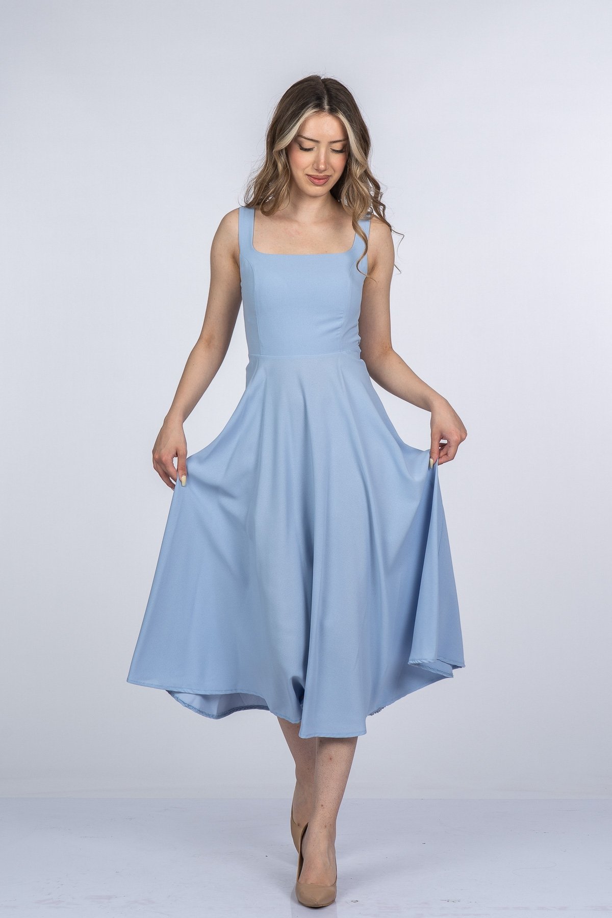 Mayra Premium Askılı Kare Yaka Uzun Midi Elbise 50411