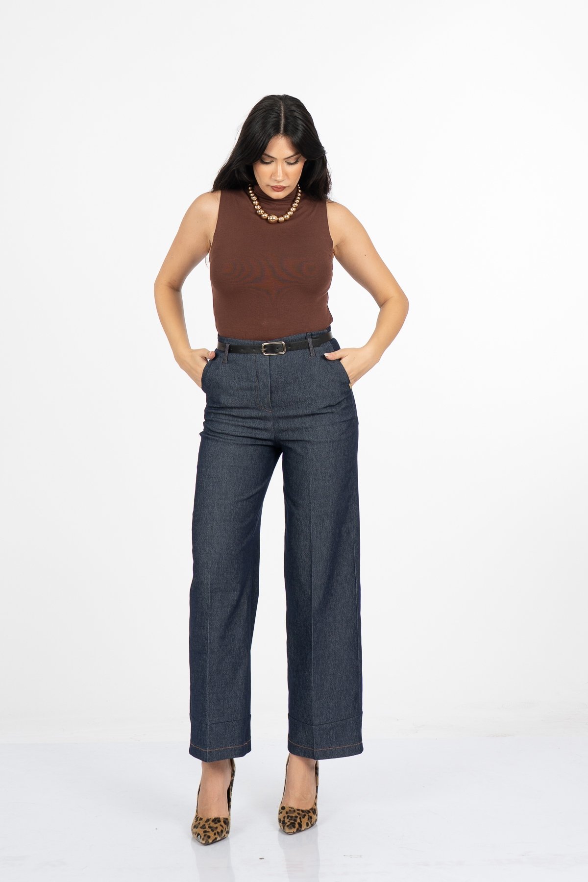 Milena Kemerli Yüksek Bel Bol Paça Denim Pantolon 30428