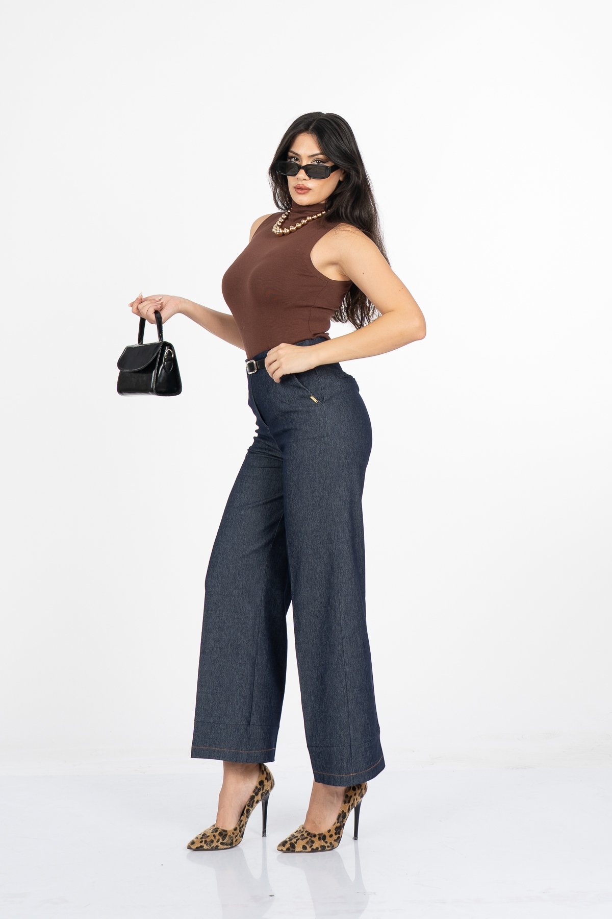 Milena Kemerli Yüksek Bel Bol Paça Denim Pantolon 30428