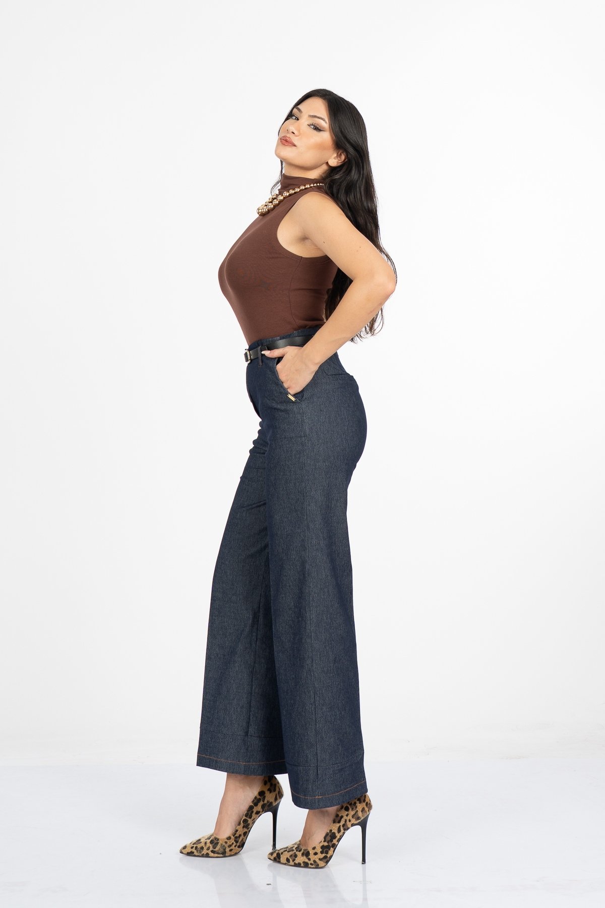 Milena Kemerli Yüksek Bel Bol Paça Denim Pantolon 30428
