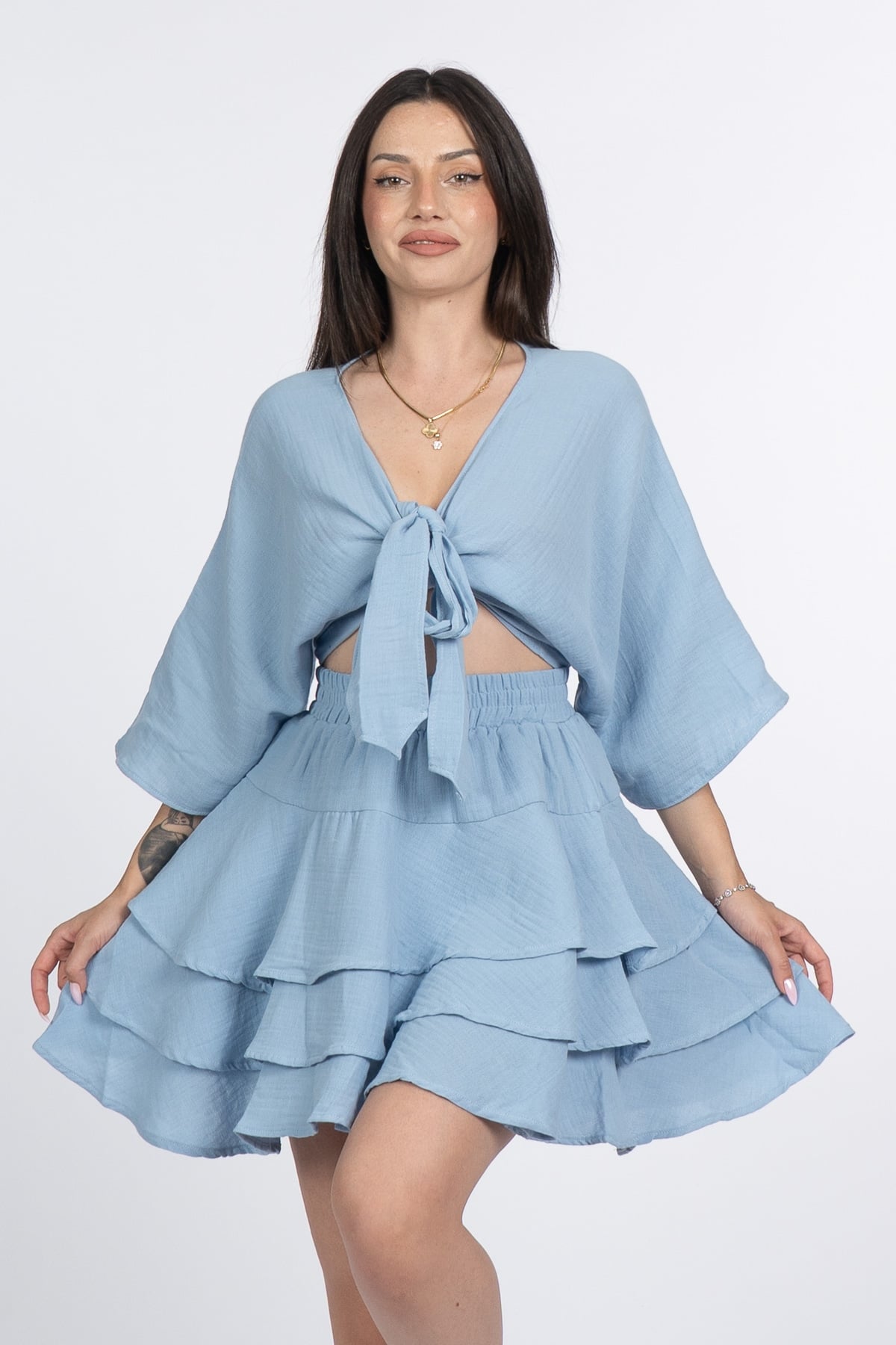 MissVina Bağlamalı Crop Bluz ve Kat Kat Fırfırlı Mini Etek Takım – Müslin Kumaş | Ürün Kodu: 1330