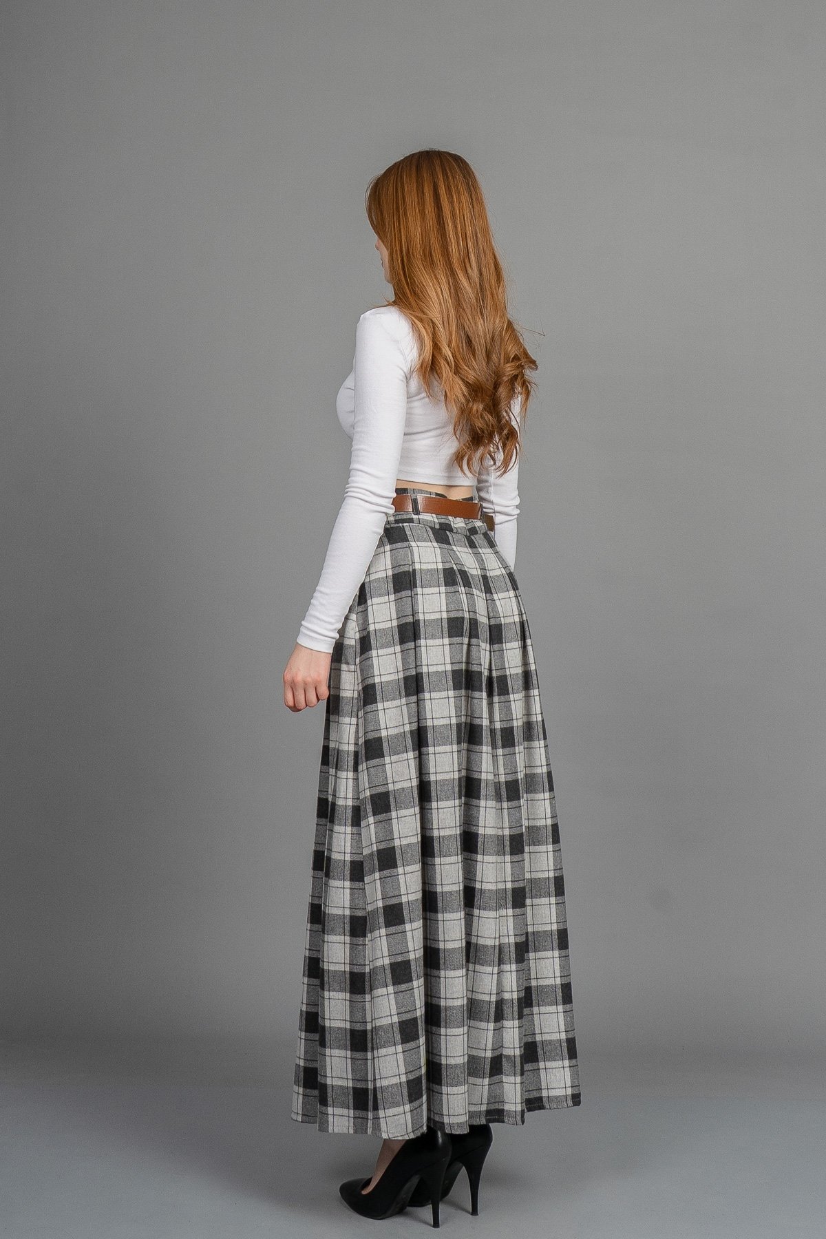 MissVina Ekose Desenli Yandan Fermuarlı Kemerli Maxi Etek 6846