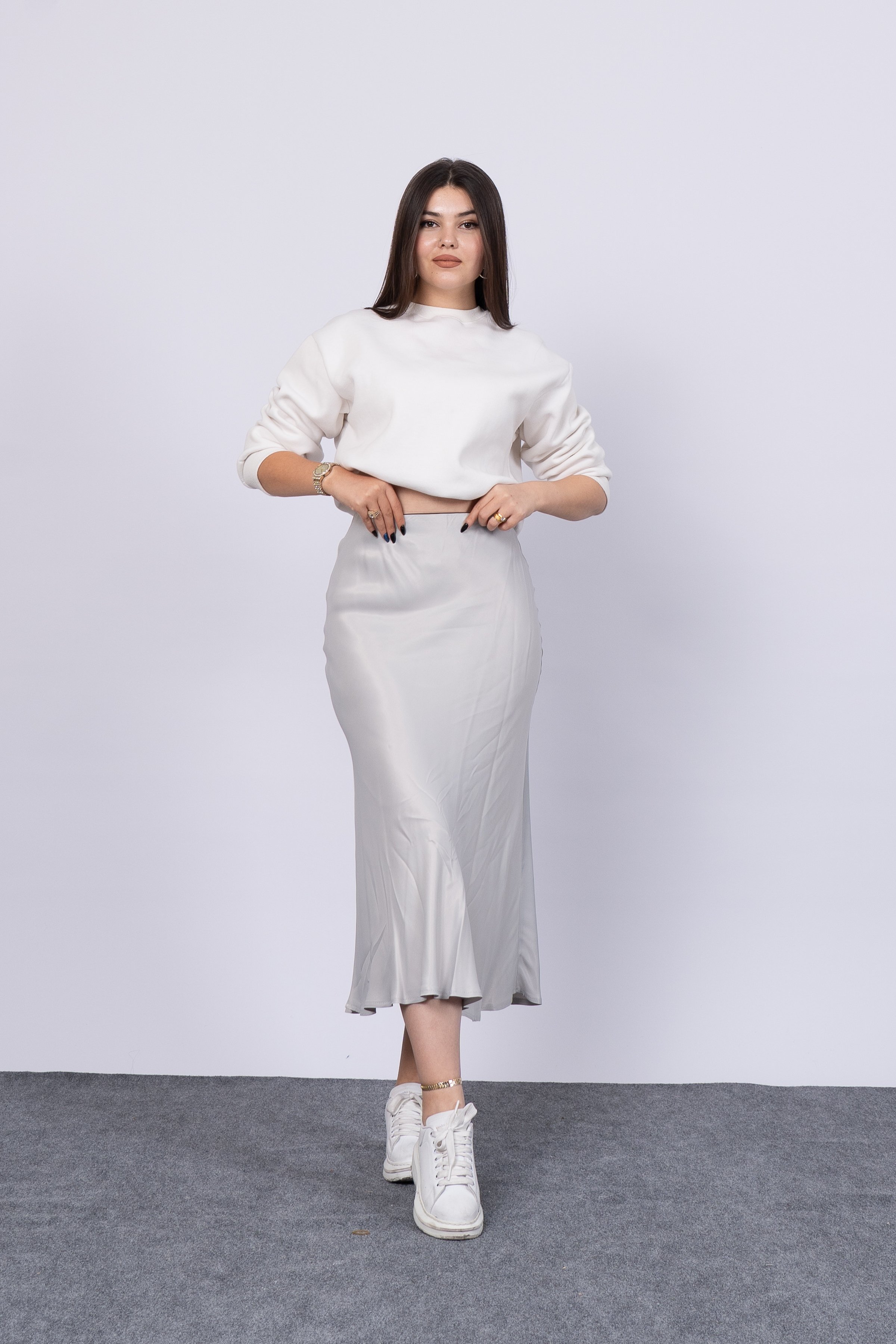 MissVina Saten Kumaş Beli Lastikli Desenli Etek 6679