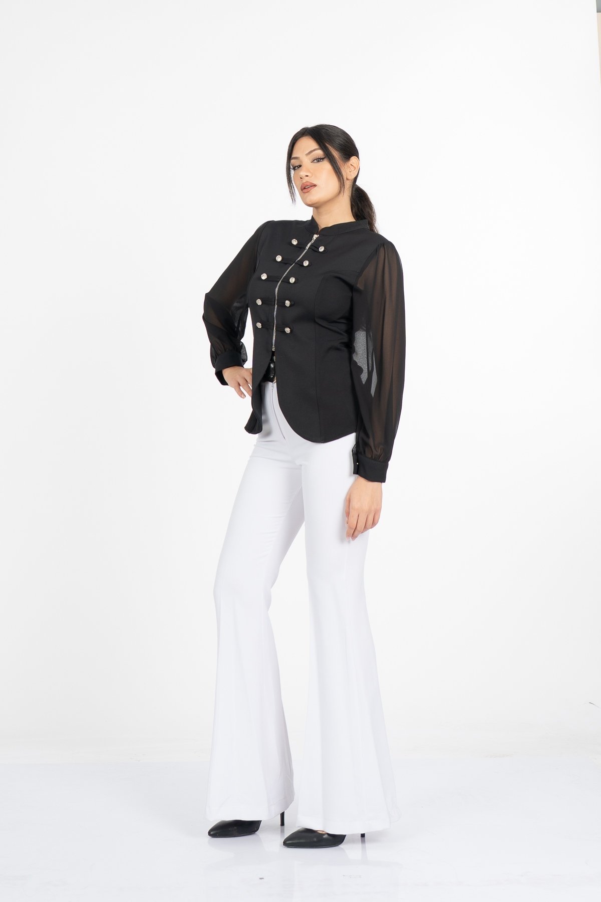 Olivia Blouse - Önden Fermuarlı Tül Kollu Düğme Detaylı Bluz - 221