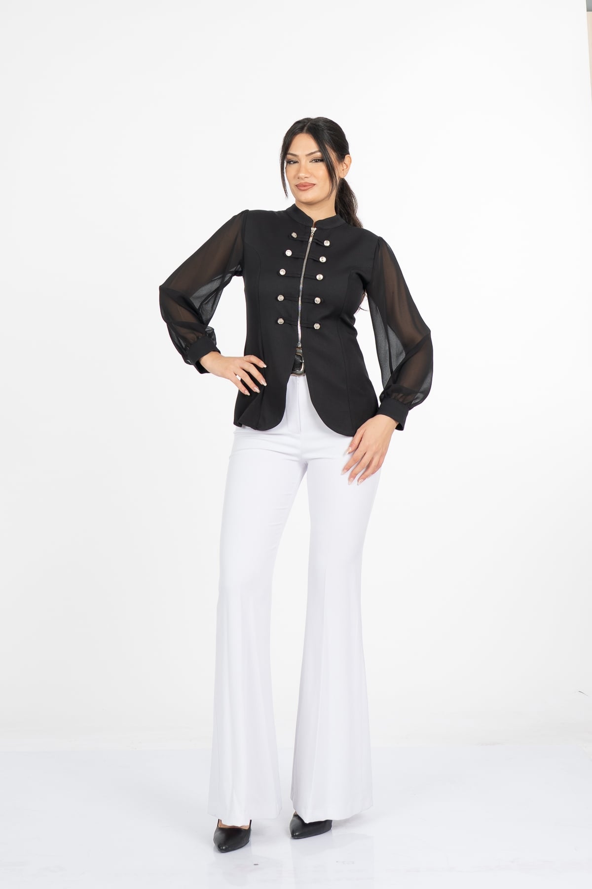 Olivia Blouse - Önden Fermuarlı Tül Kollu Düğme Detaylı Bluz - 221