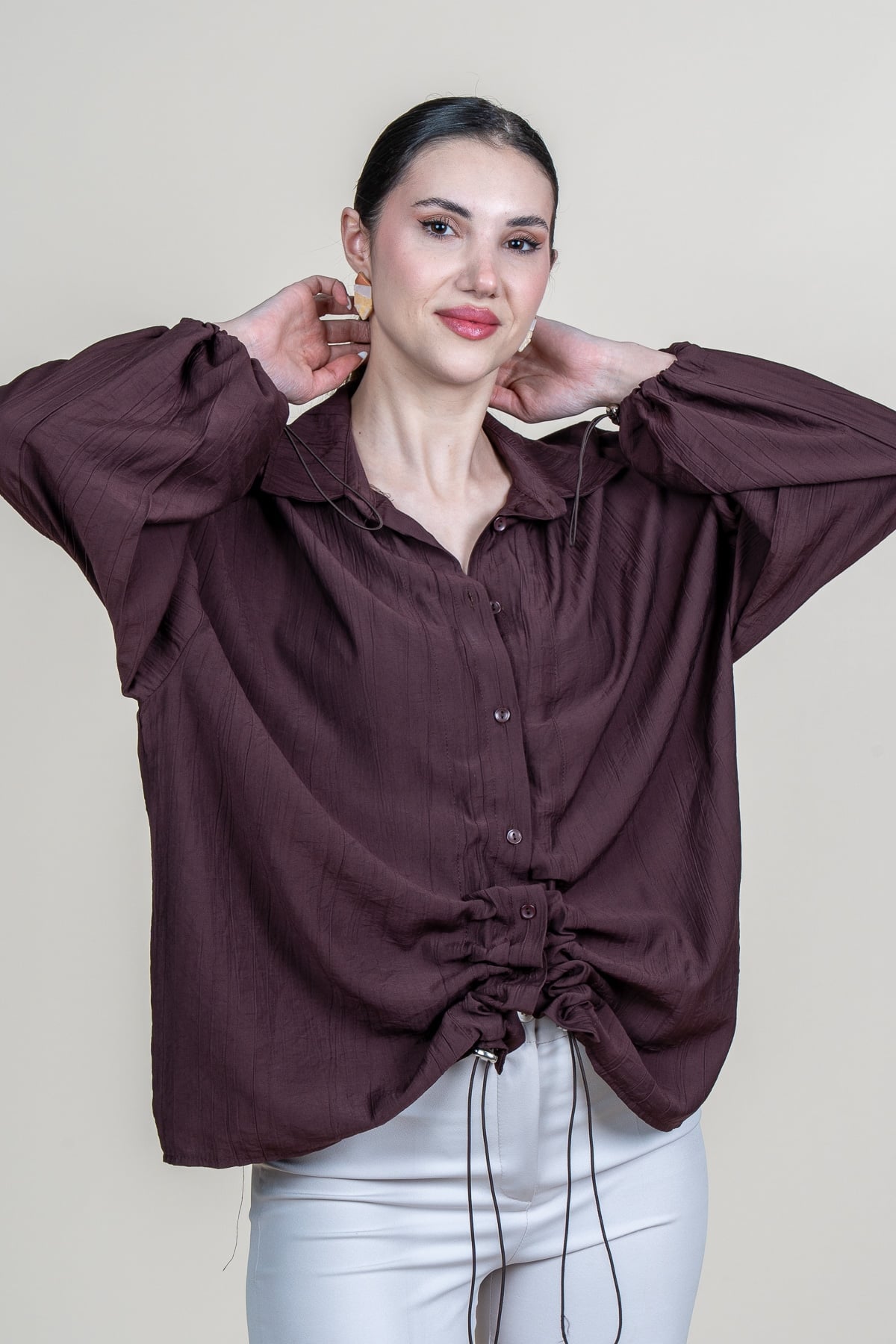 Ön VE Kol İp Büzgü Detaylı Oversize Trend Gömlek 70070