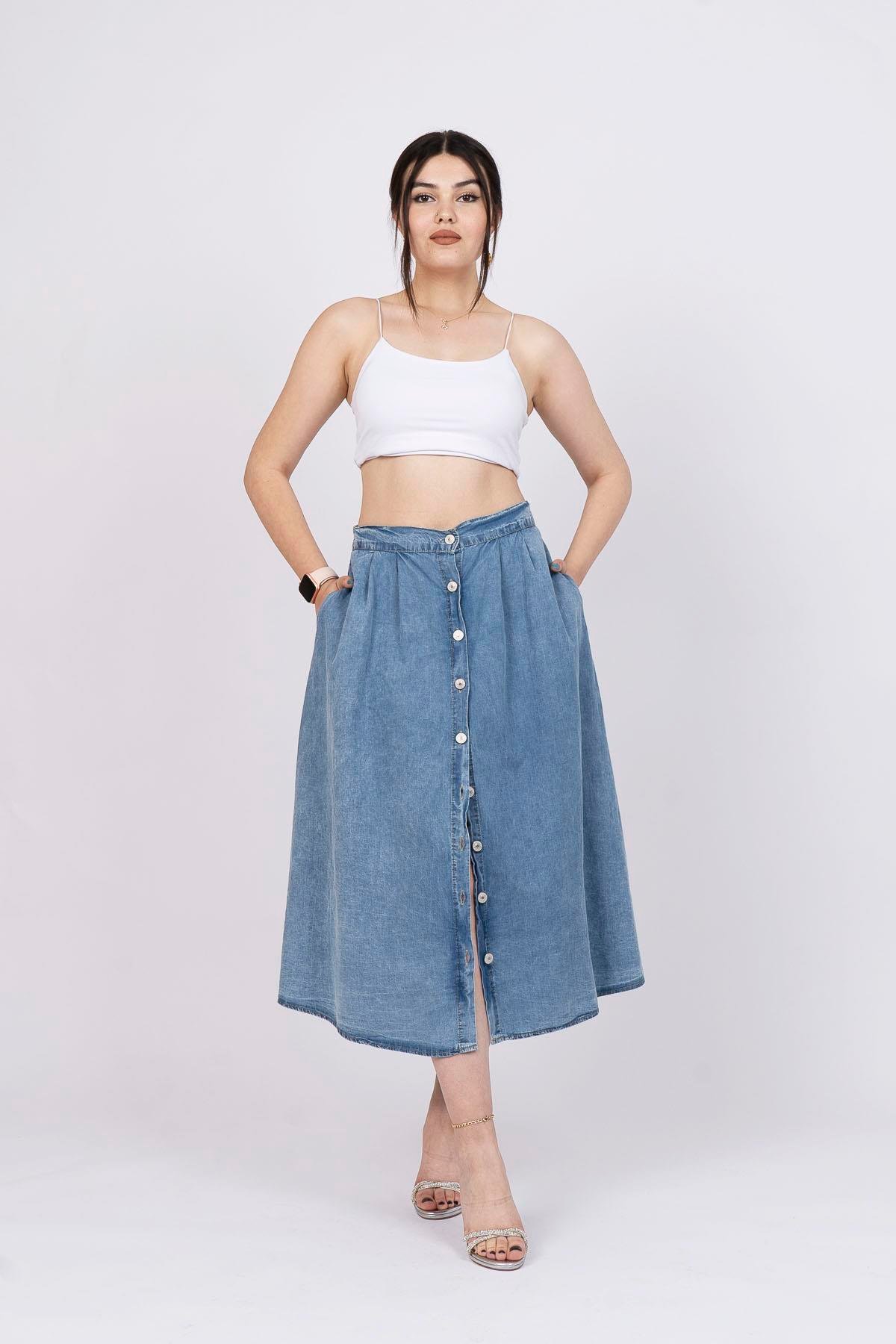 Önü Düğmeli Uzun Denim Etek