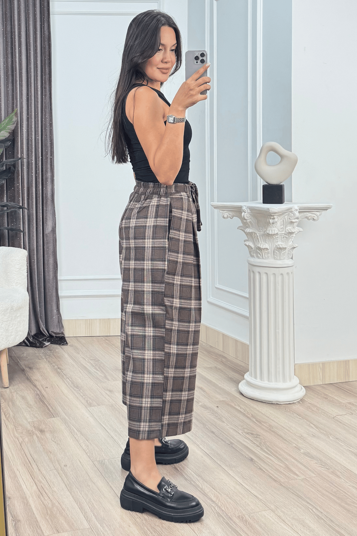 ROVENA – Ekose Desenli Kuşaklı Kısa Pantolon 30435